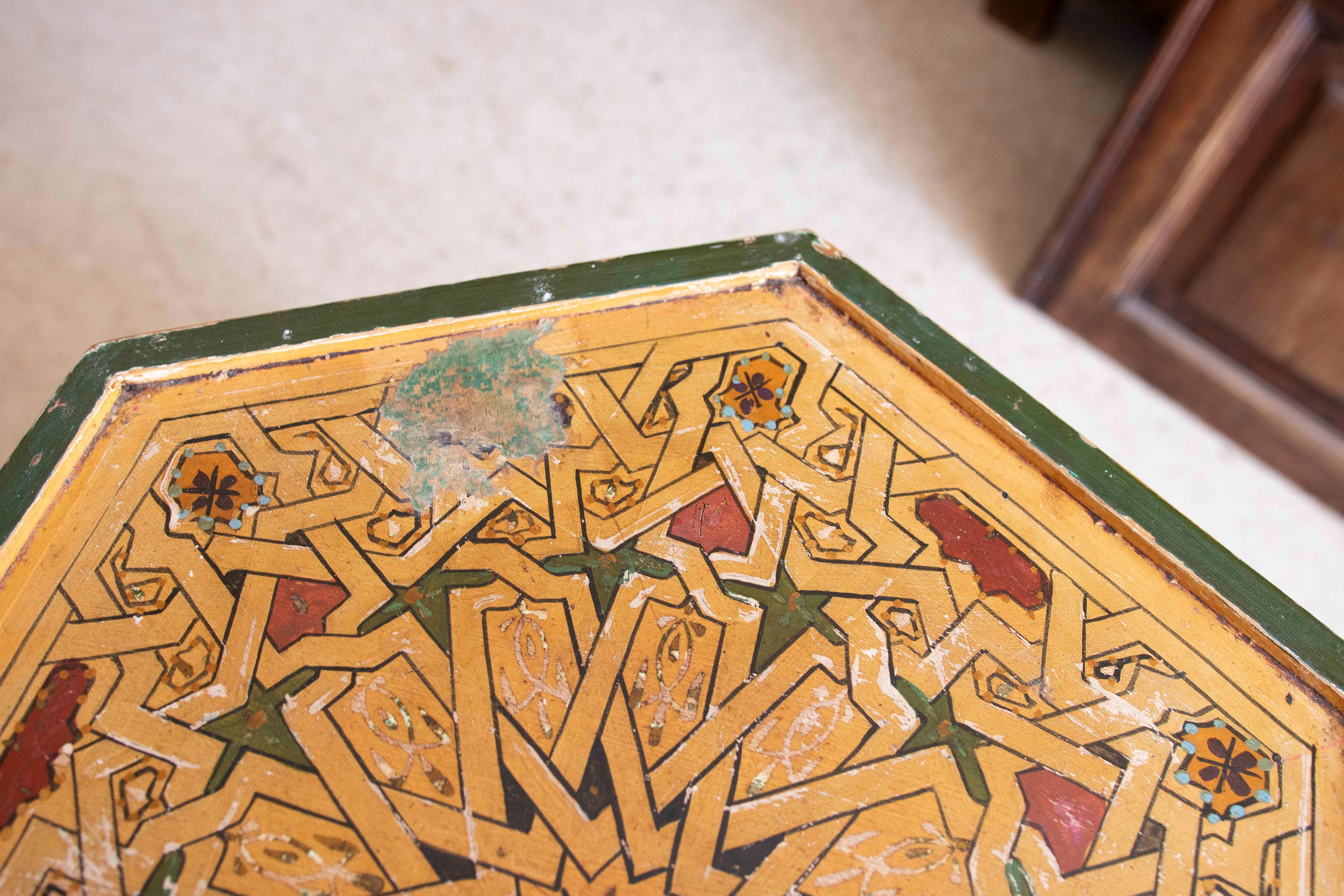 Pair of Hand-painted Moorish Style Wooden Coffee Tables in Ocher Tones 6