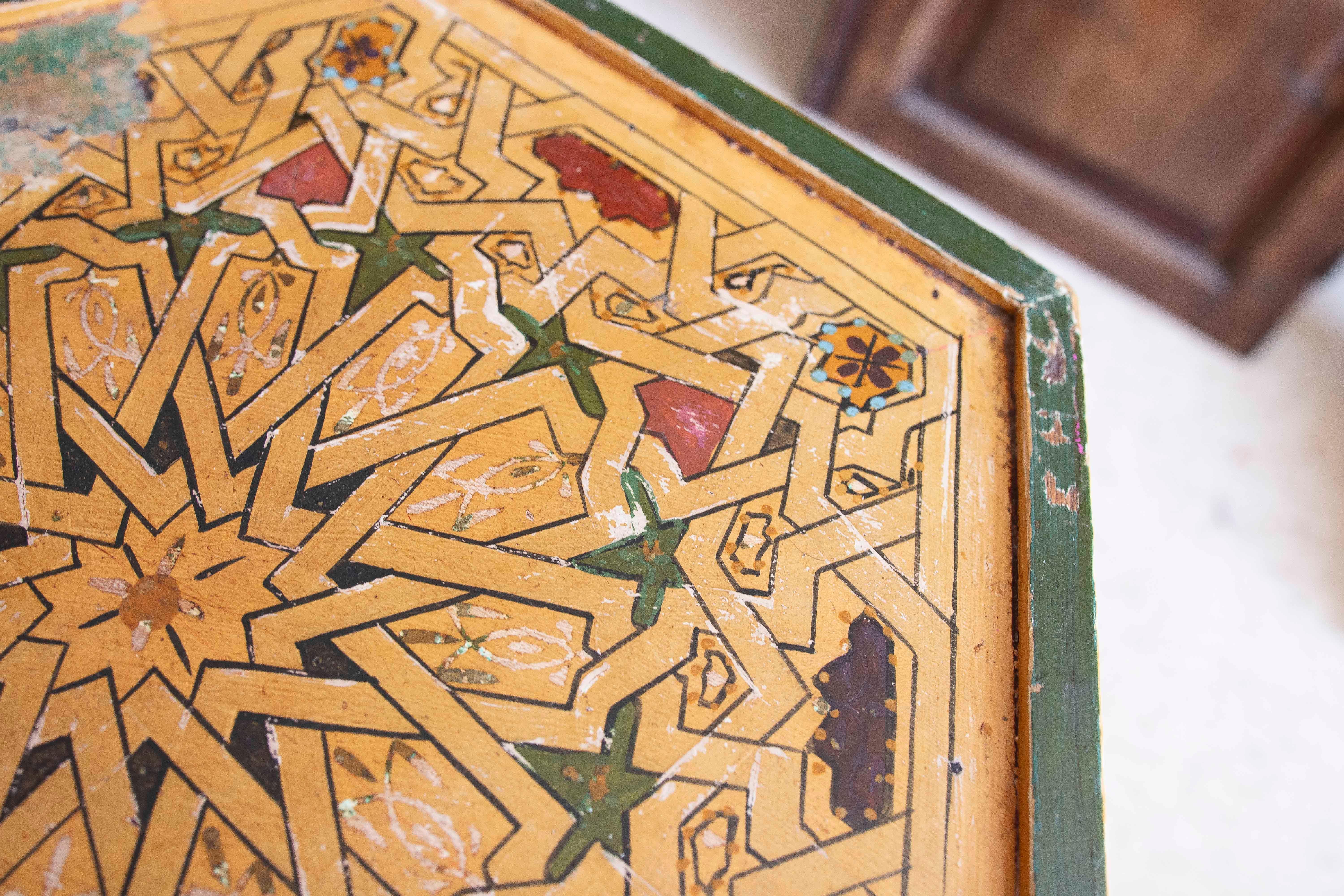 Pair of Hand-painted Moorish Style Wooden Coffee Tables in Ocher Tones 7