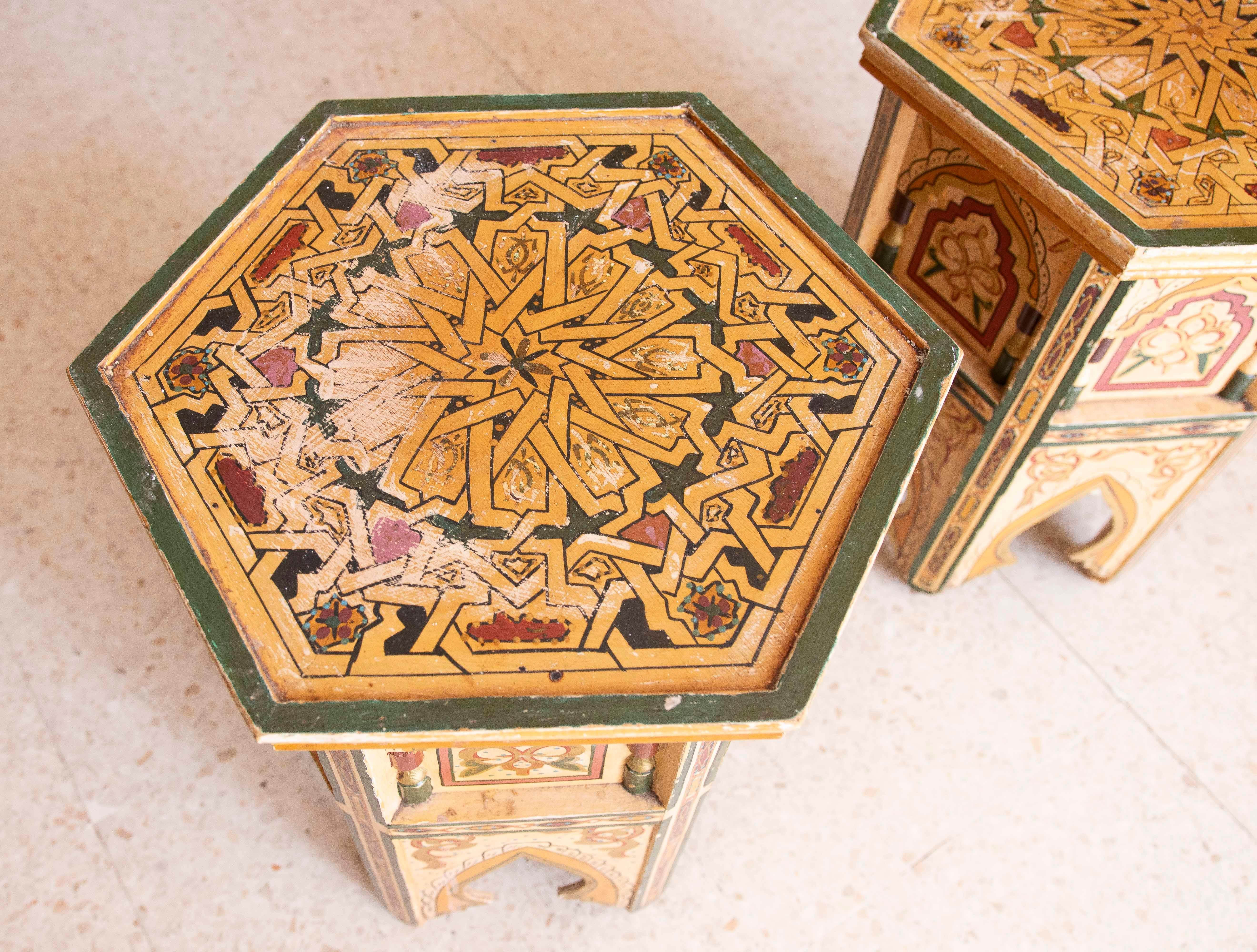 Pair of Hand-painted Moorish Style Wooden Coffee Tables in Ocher Tones 9