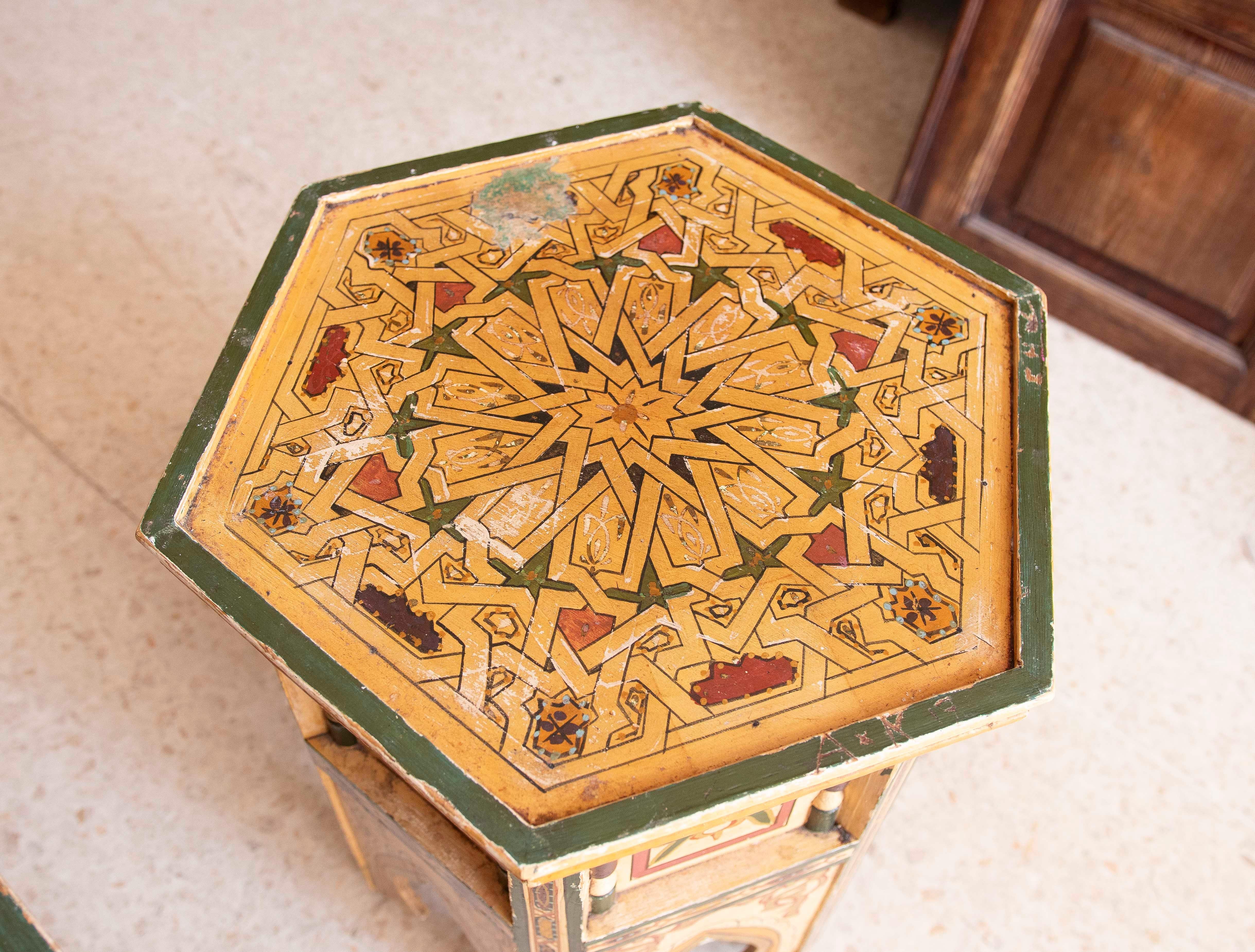 Pair of Hand-painted Moorish Style Wooden Coffee Tables in Ocher Tones 10