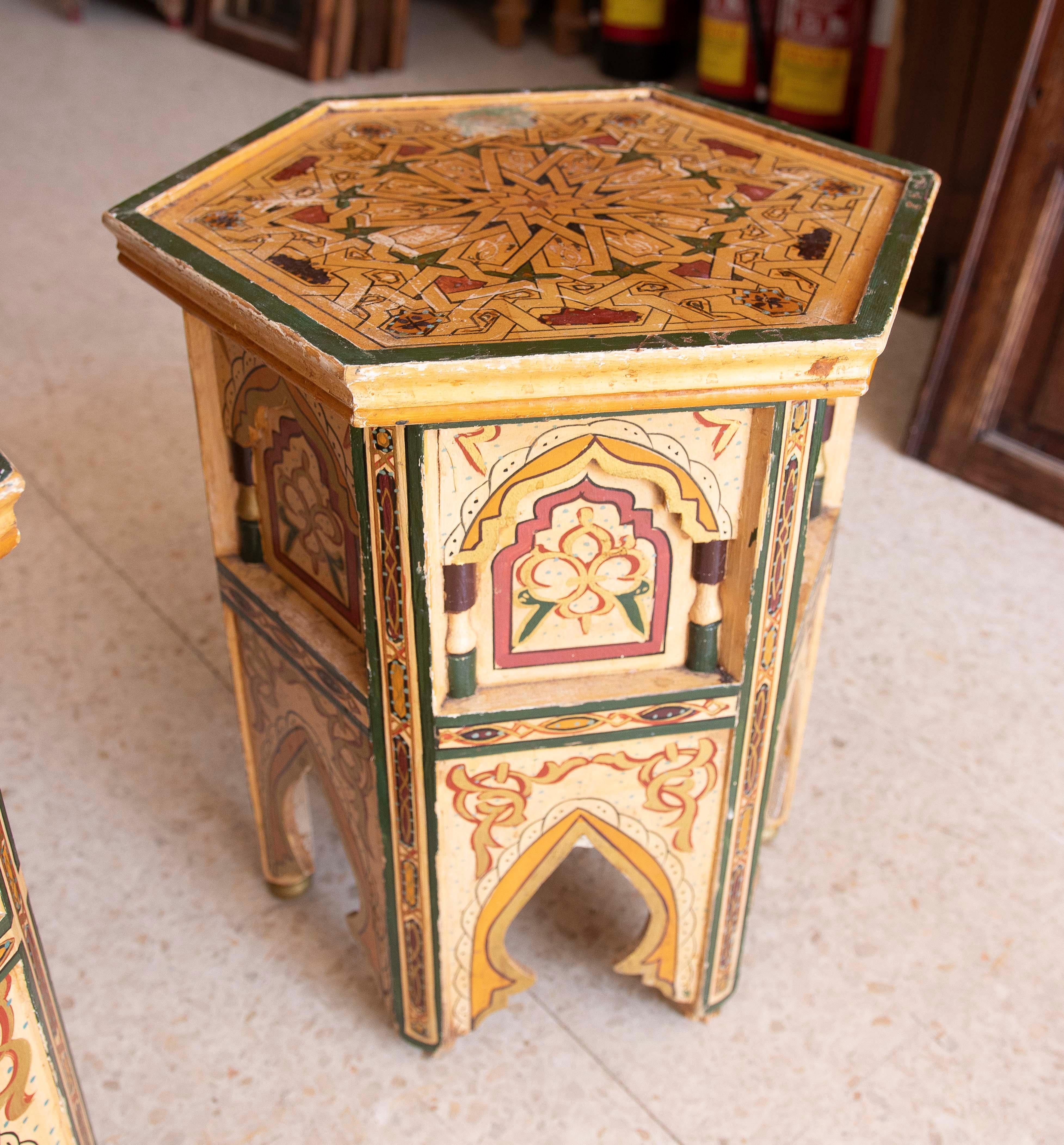 Pair of Hand-painted Moorish Style Wooden Coffee Tables in Ocher Tones 11