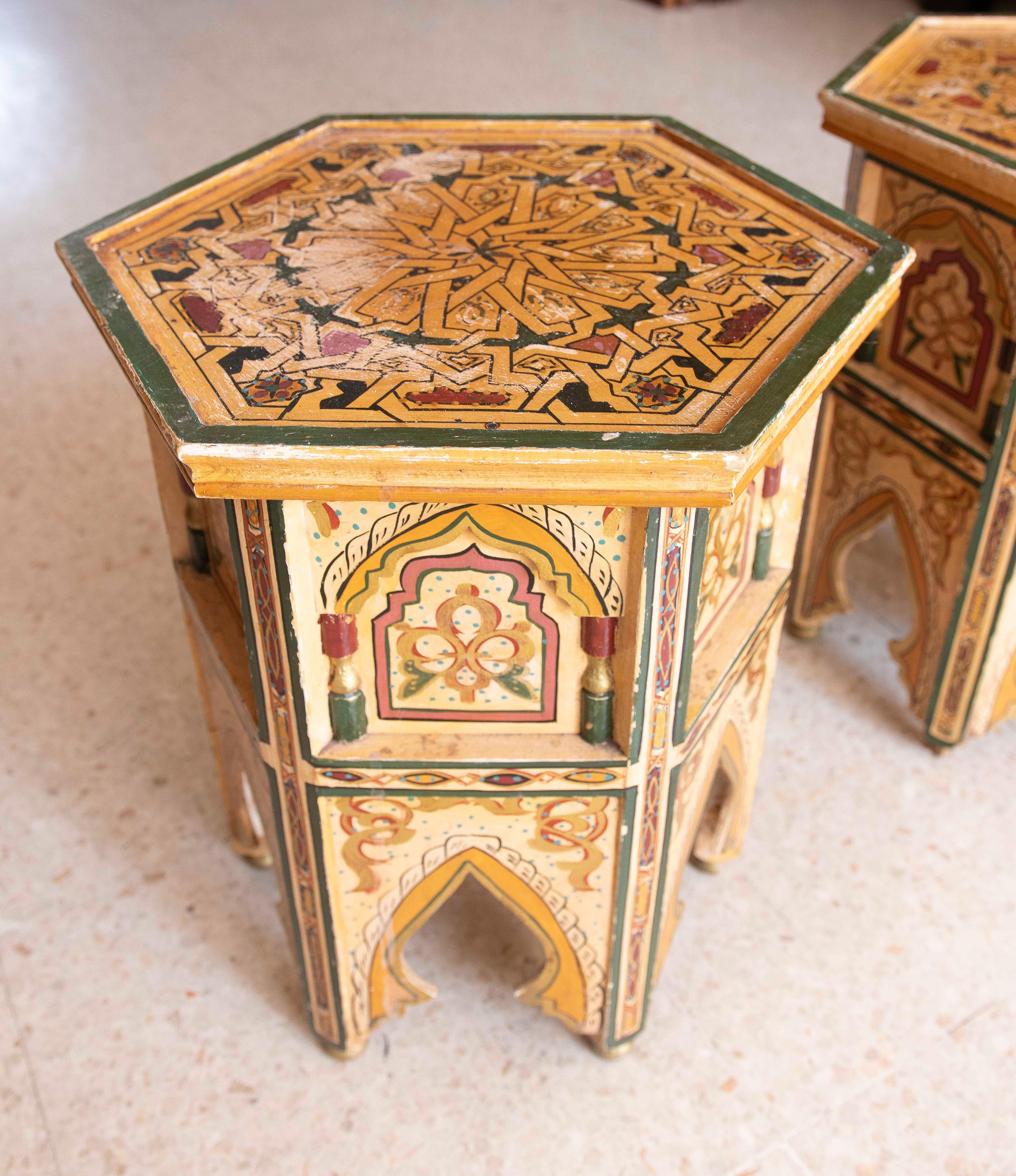 Pair of Hand-painted Moorish Style Wooden Coffee Tables in Ocher Tones 12