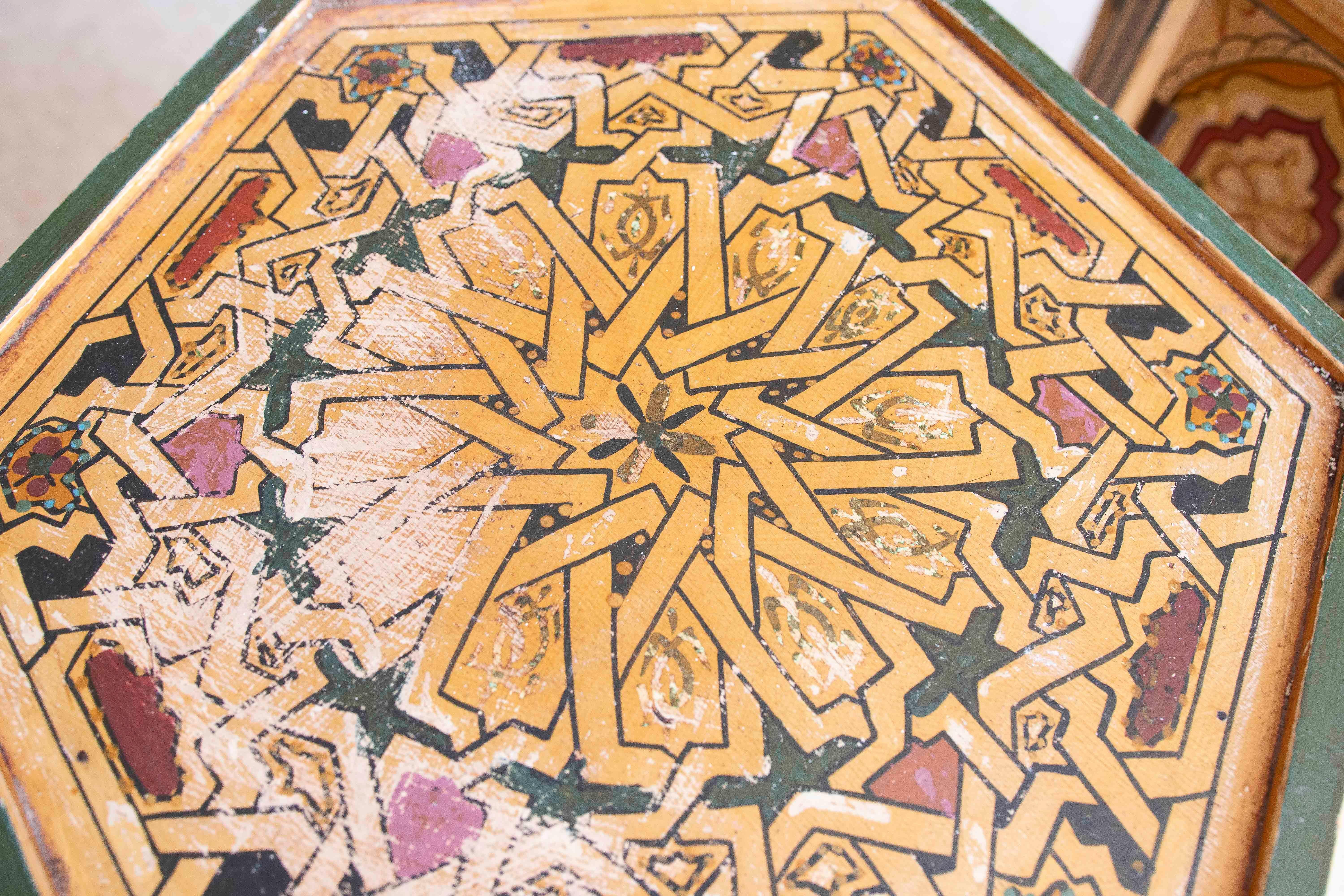 Pair of Hand-painted Moorish Style Wooden Coffee Tables in Ocher Tones 14
