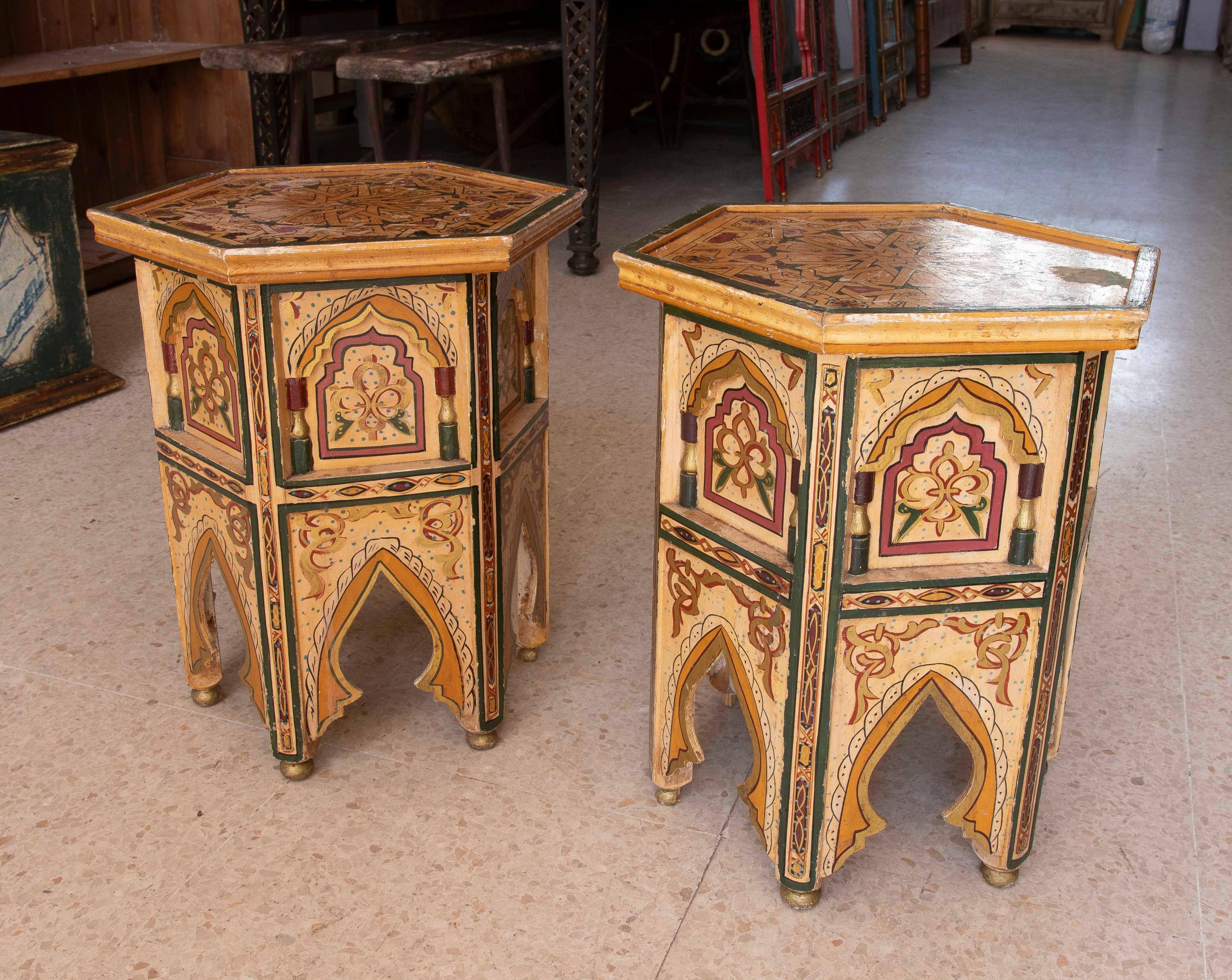 Moroccan Pair of Hand-painted Moorish Style Wooden Coffee Tables in Ocher Tones