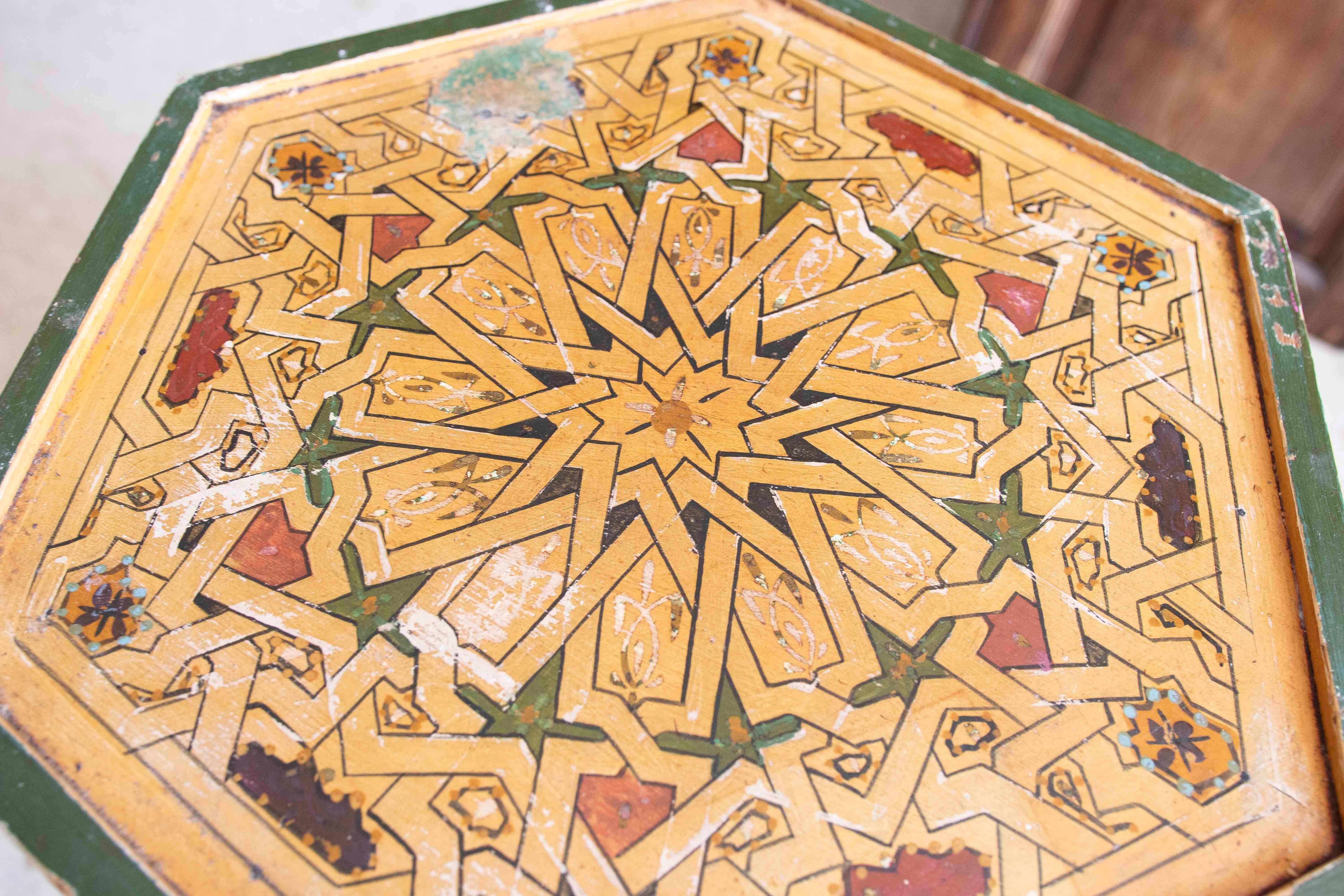 Pair of Hand-painted Moorish Style Wooden Coffee Tables in Ocher Tones 15