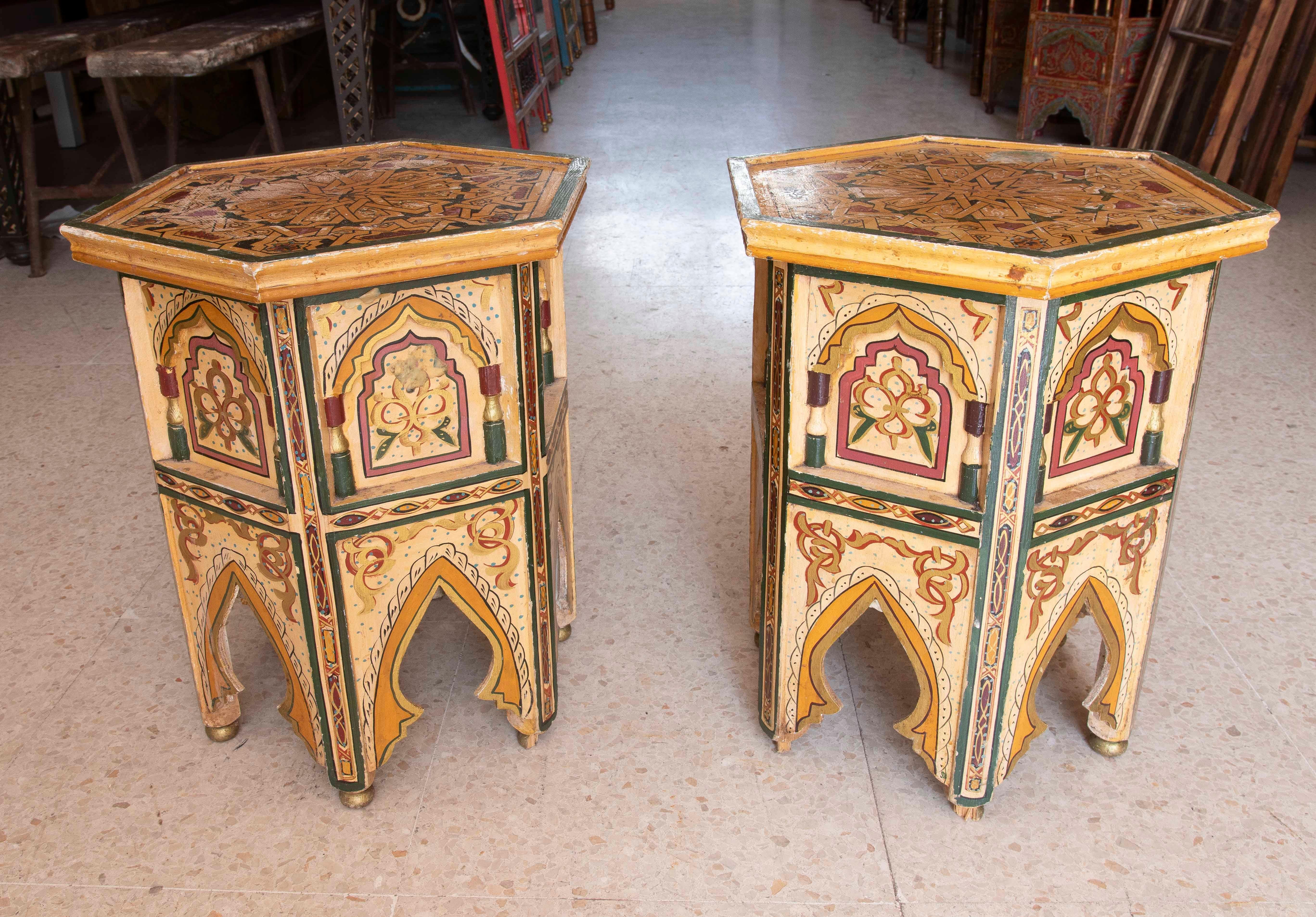 Hand-Painted Pair of Hand-painted Moorish Style Wooden Coffee Tables in Ocher Tones