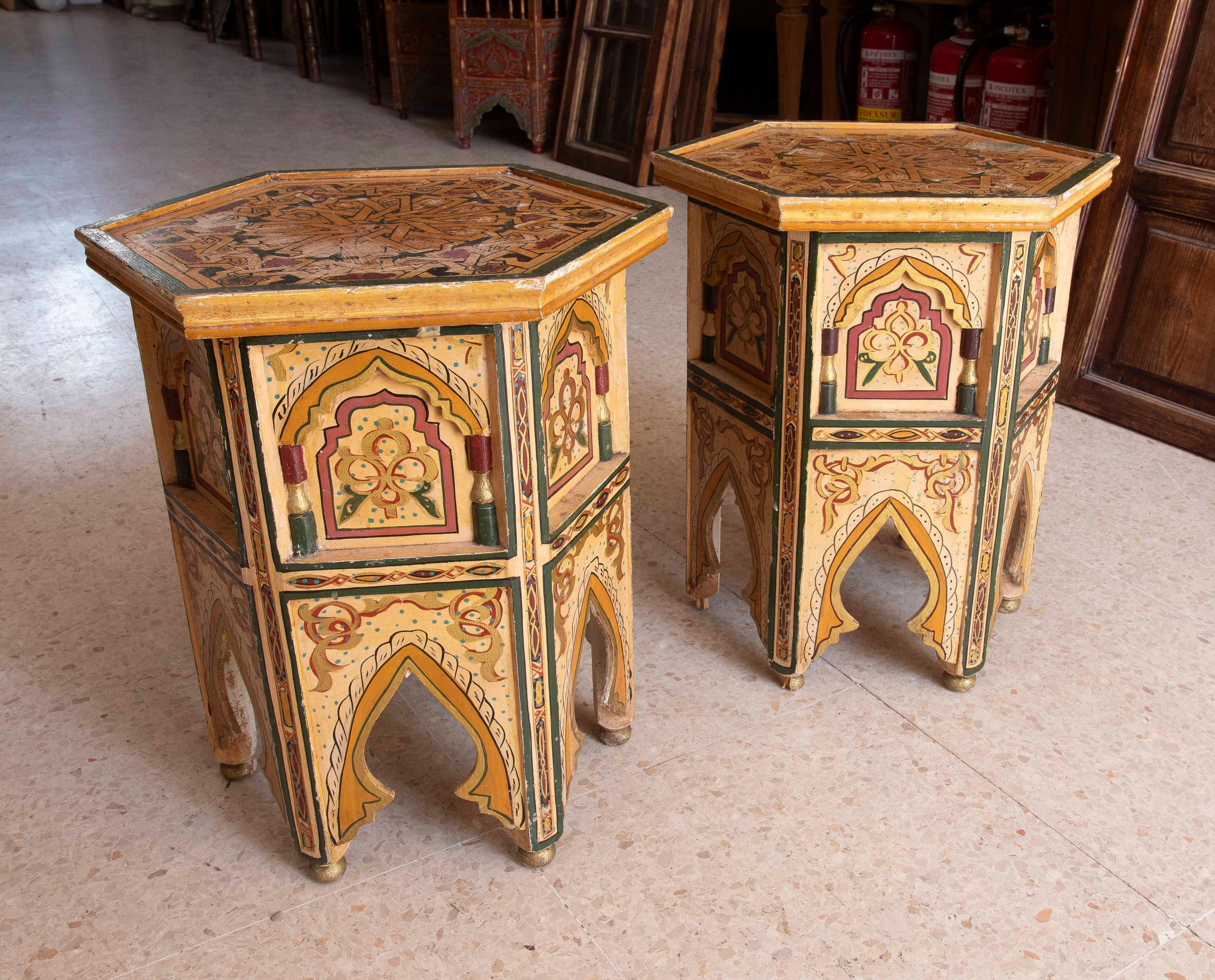 20th Century Pair of Hand-painted Moorish Style Wooden Coffee Tables in Ocher Tones