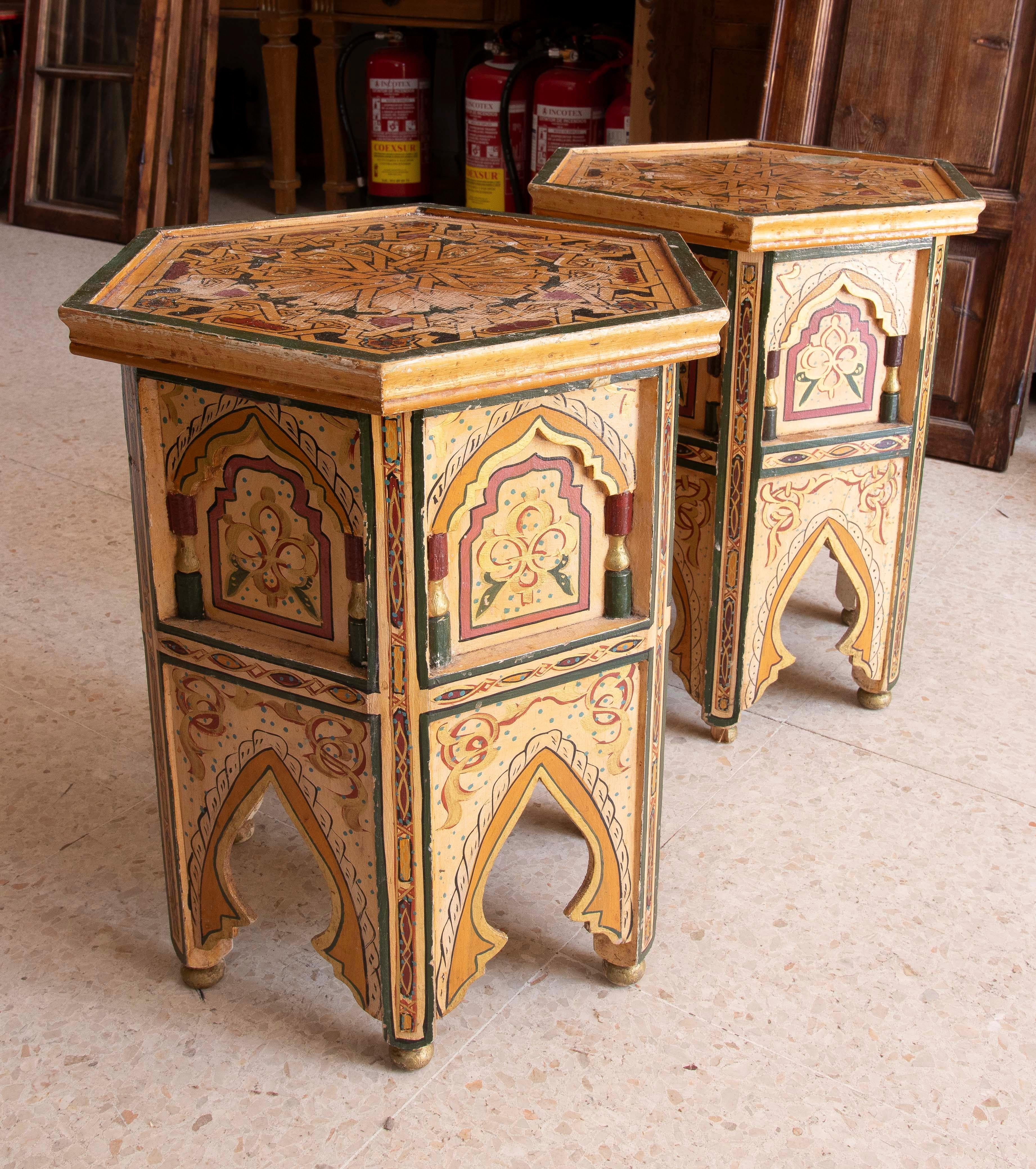 Pair of Hand-painted Moorish Style Wooden Coffee Tables in Ocher Tones 1