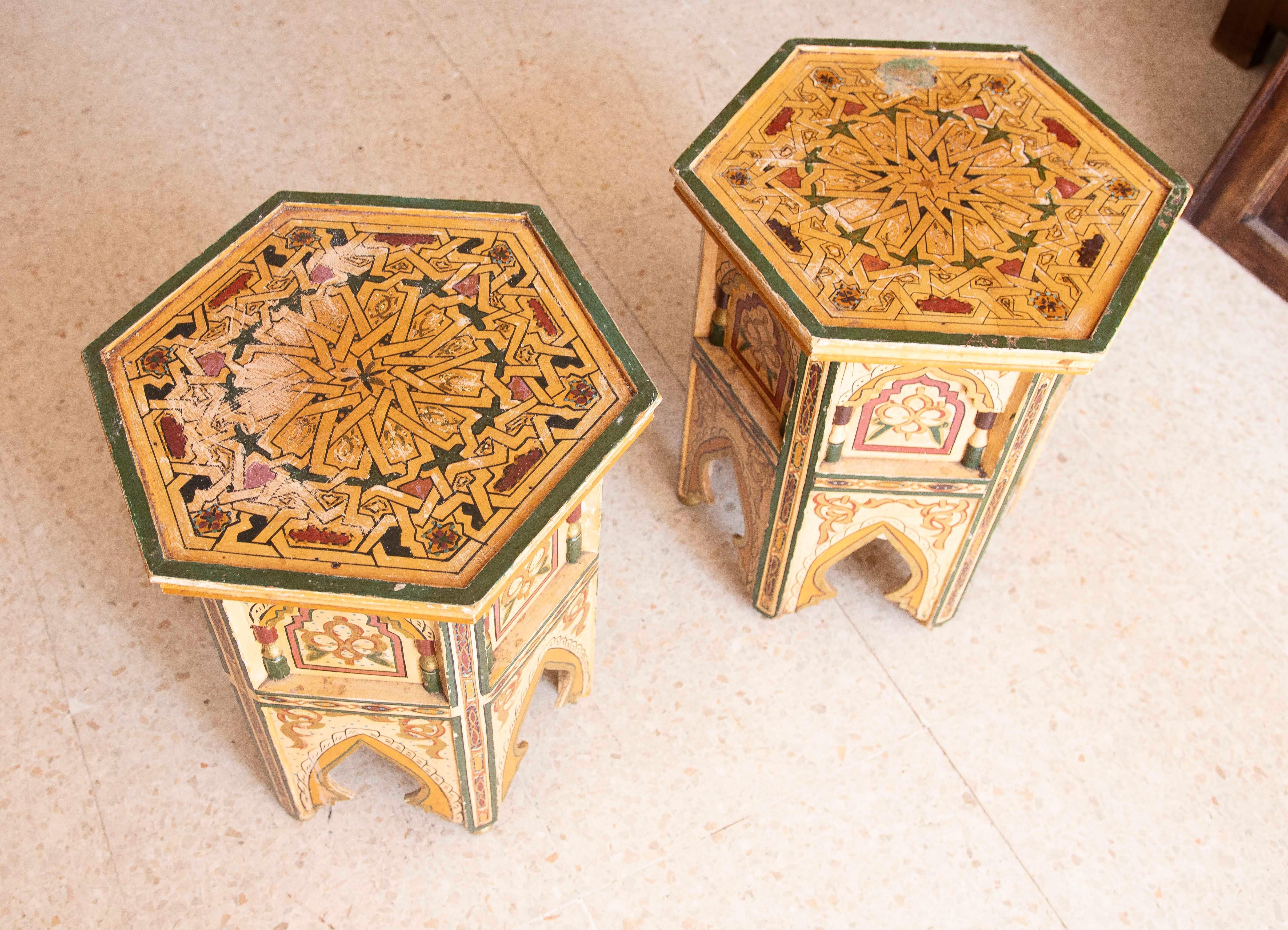 Pair of Hand-painted Moorish Style Wooden Coffee Tables in Ocher Tones 2