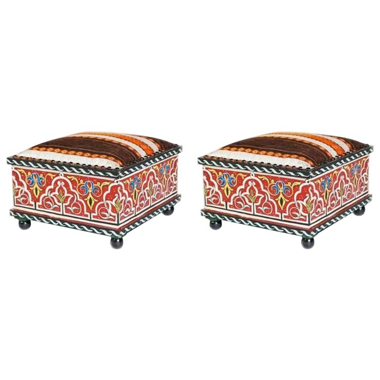 Pair of Hand Painted Moroccan Low Seat, Foot Stools, Ottomans