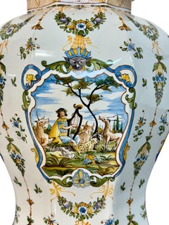 Pair of Hand-Painted Moustiers Faience Lidded Vases Signed Lallier