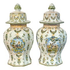 Pair of Hand-Painted Moustiers Faience Lidded Vases Signed Lallier