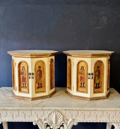 Pair of Hand-Painted Octagonal Cupboards with Gilded Figural Panels