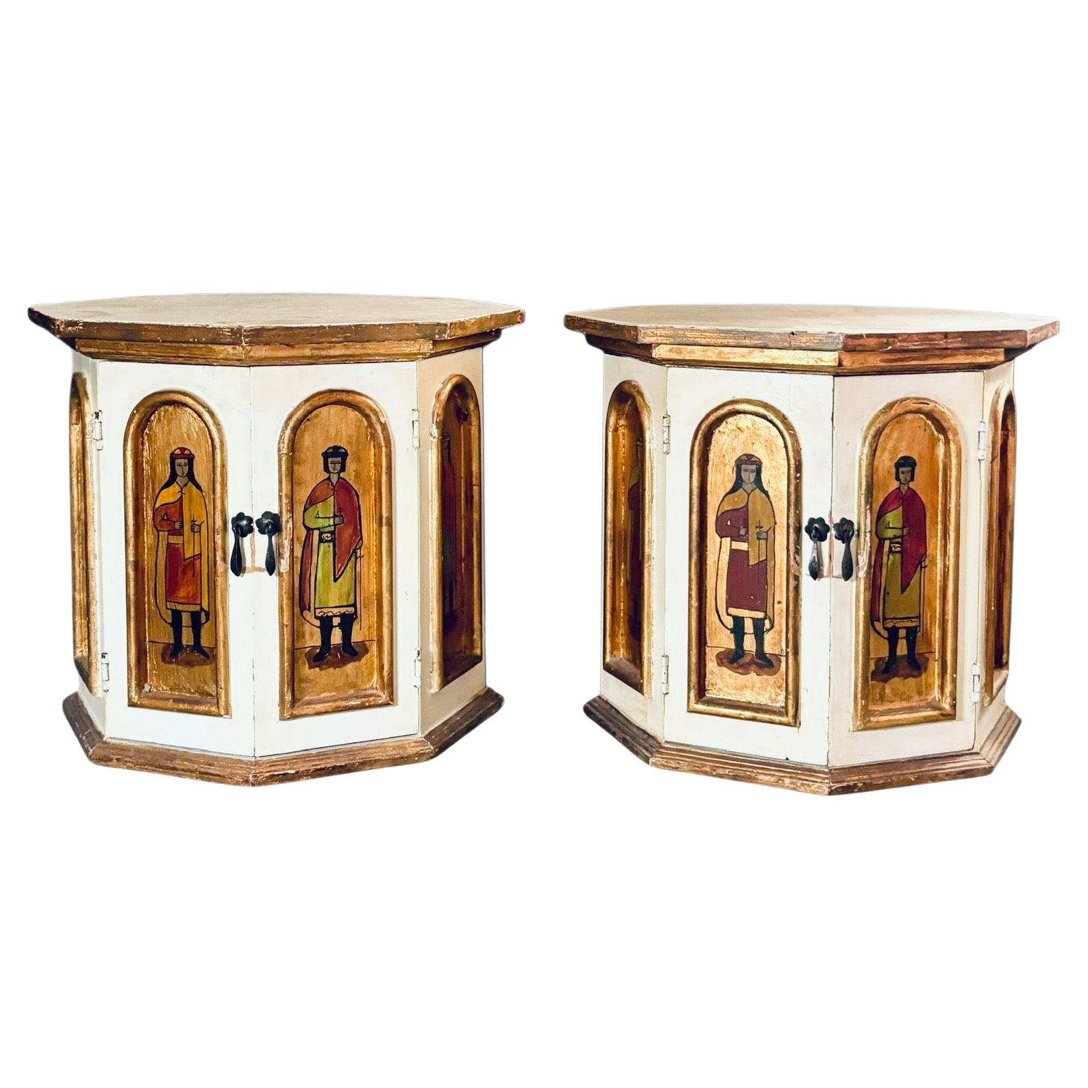 Pair of Hand-Painted Octagonal Cupboards with Gilded Figural Panels For Sale