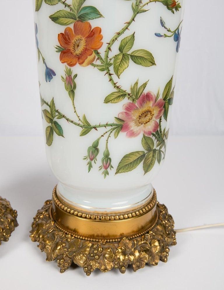 Louis Philippe Pair of Hand Painted Opaline Vase Lamps Made in France Newly Electrified