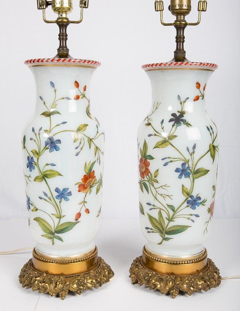 Pair of Hand Painted Opaline Vase Lamps Made in France Newly Electrified In Excellent Condition In Katonah, NY