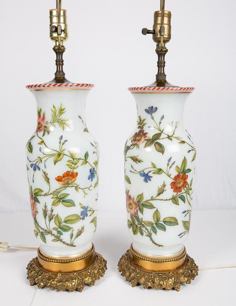 19th Century Pair of Hand Painted Opaline Vase Lamps Made in France Newly Electrified