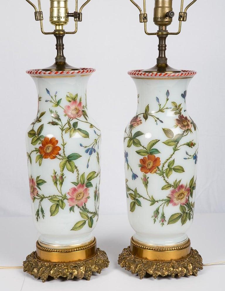 Opaline Glass Pair of Hand Painted Opaline Vase Lamps Made in France Newly Electrified
