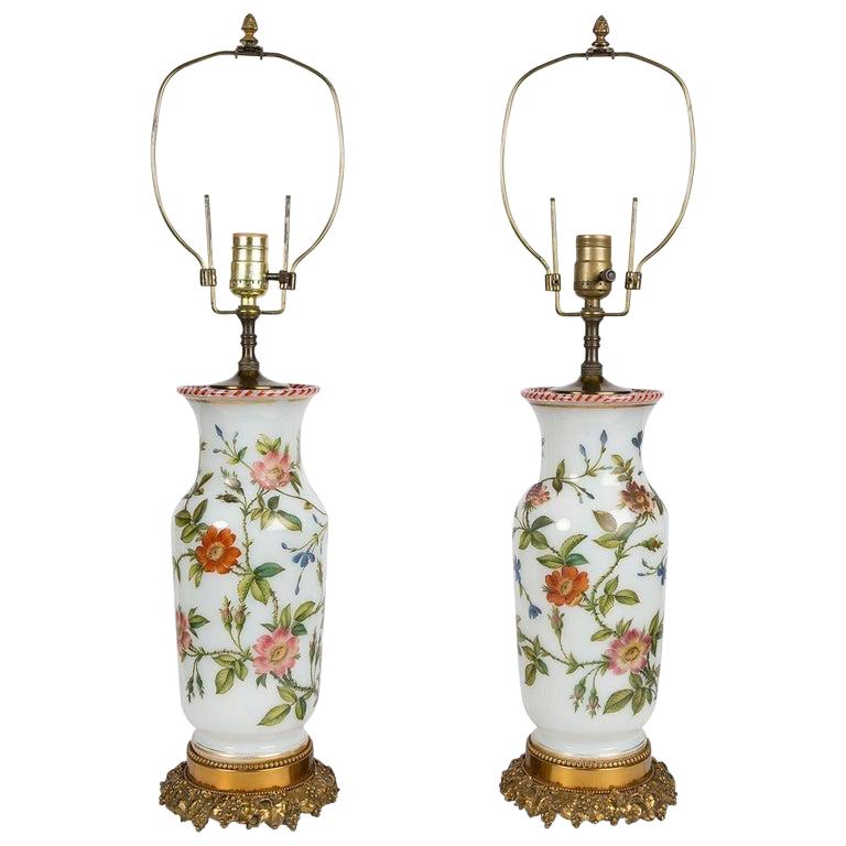 Pair of Hand Painted Opaline Vase Lamps Made in France Newly Electrified