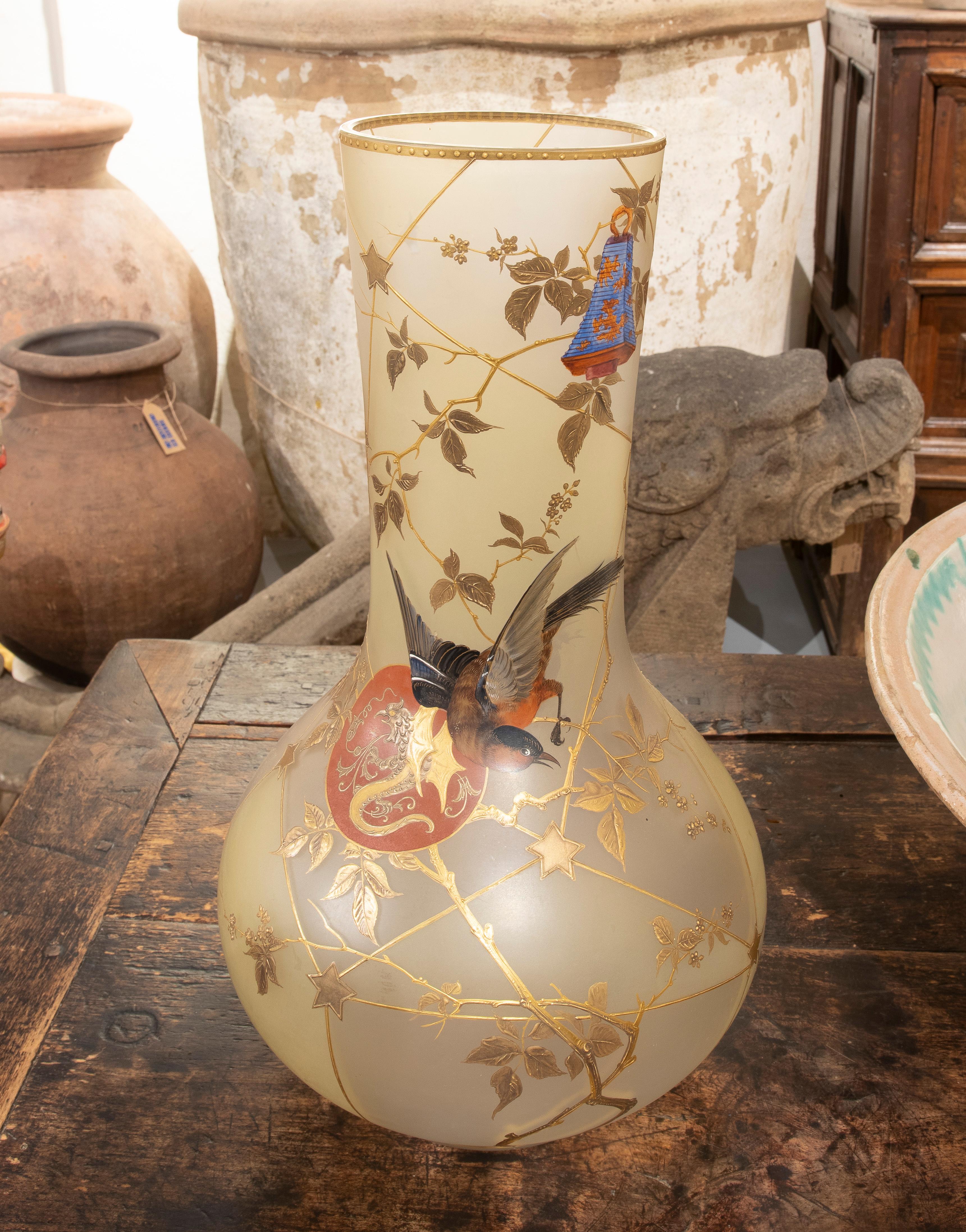 European Pair of Hand-Painted Opaque Glass Vases with Birds Decoration  For Sale