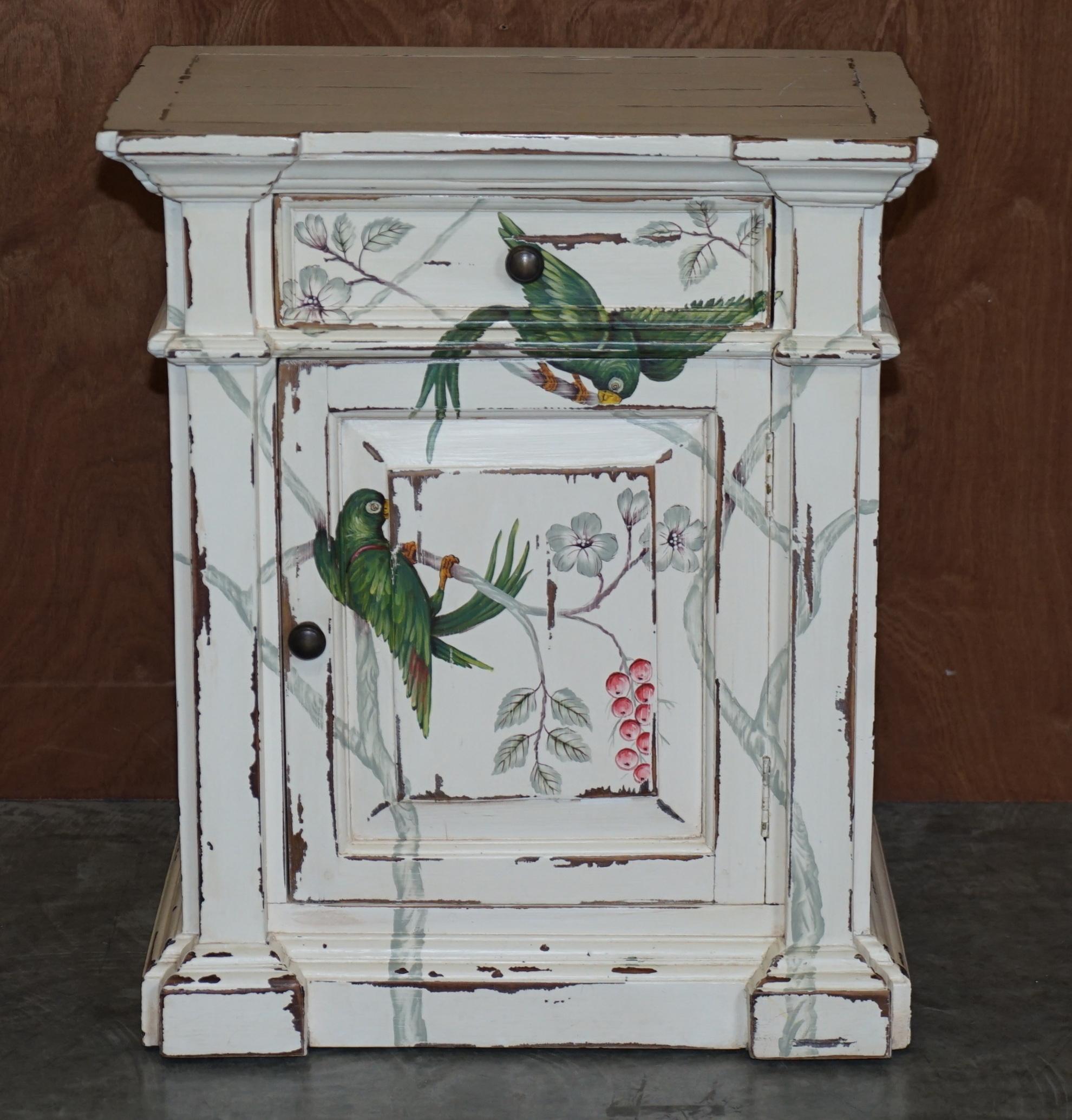 Pair of Hand Painted Parrots / Birds of Parradise Side End Table Bedside Drawers For Sale 7