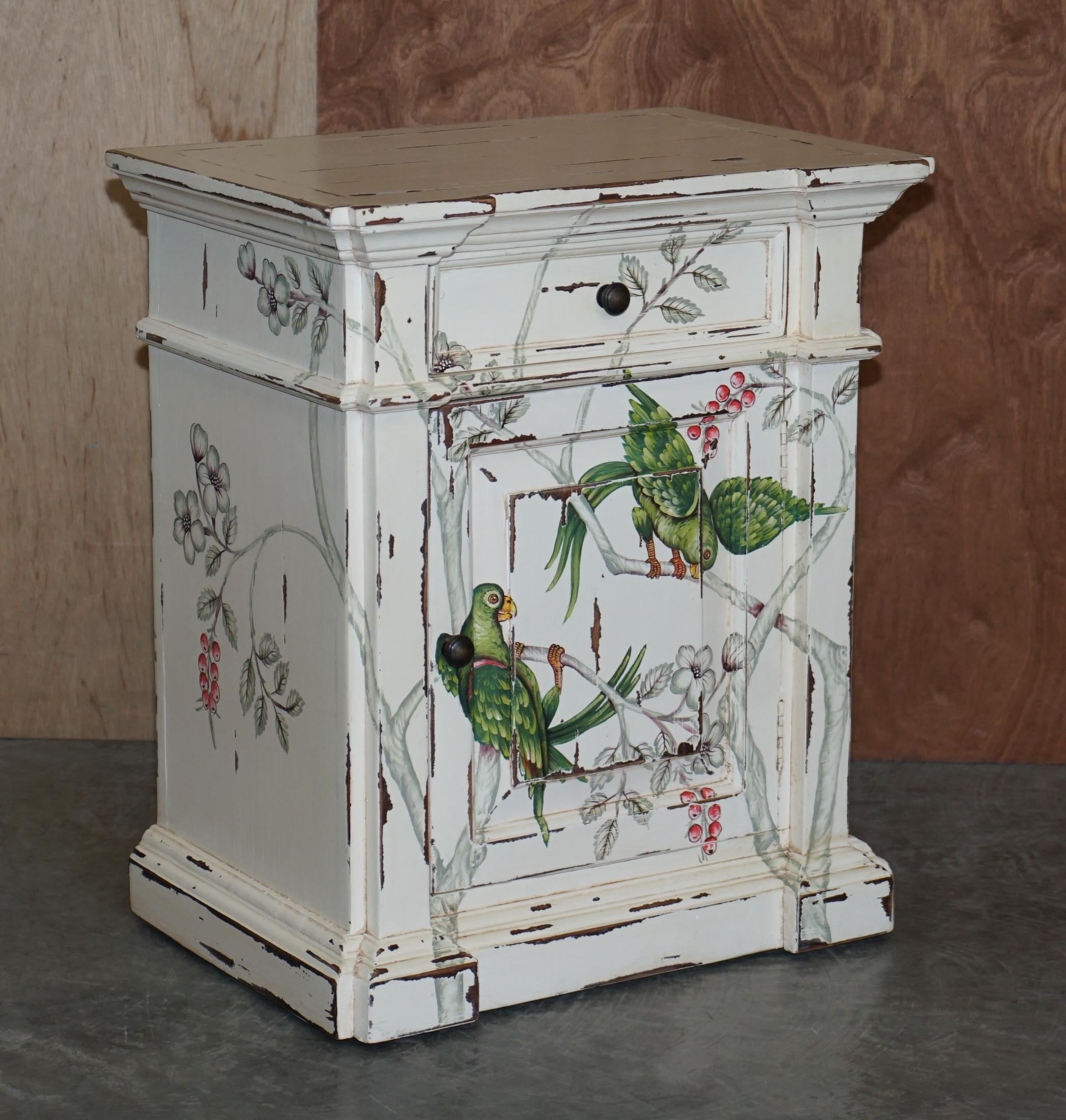 We are delighted to offer for sale this lovely pair of mahogany framed hand painted side table or bedside table cupboards with single drawers

These are well made and decorative chests, quite utilitarian, they can be used in the bedroom as bedside
