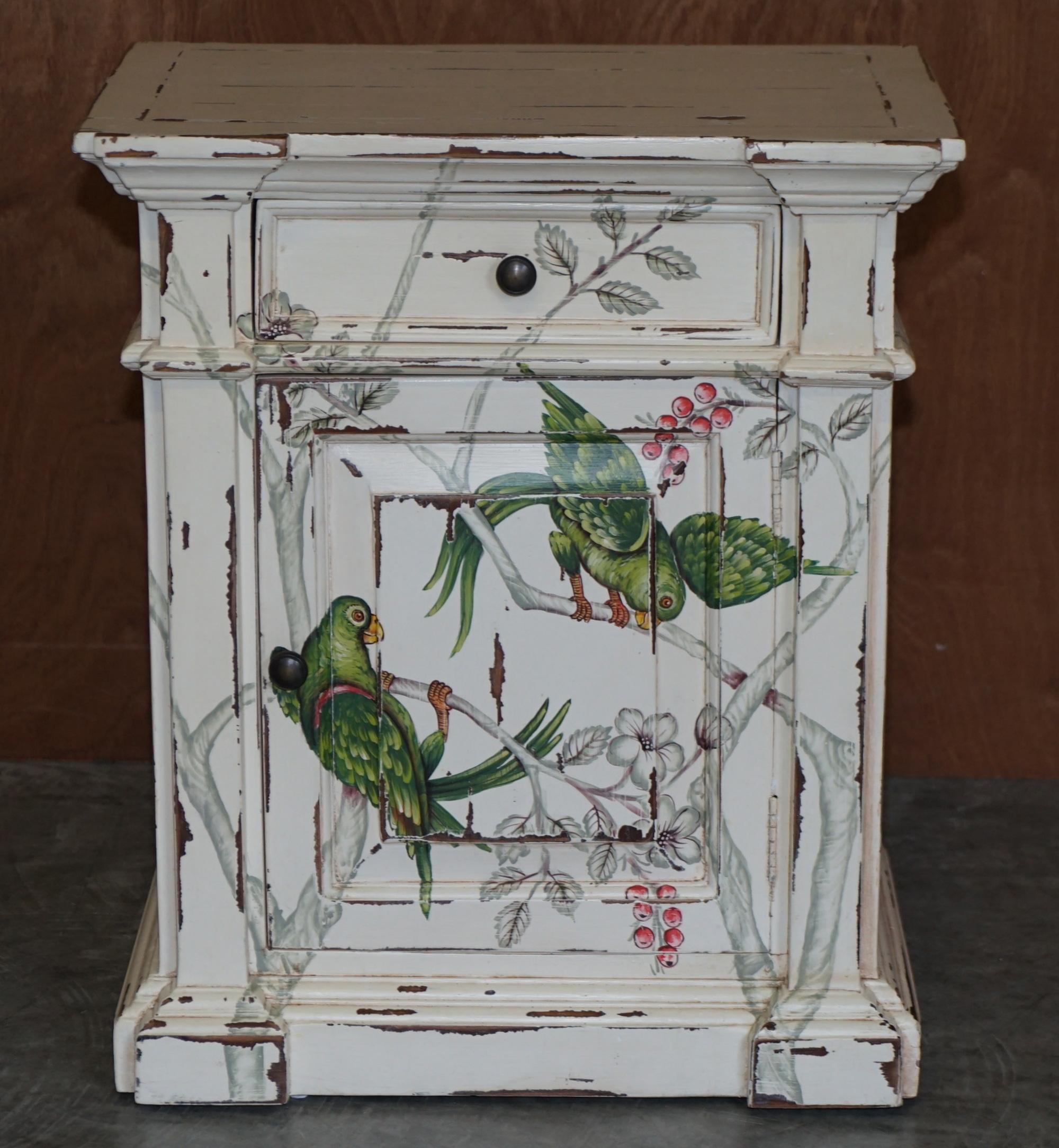 Country Pair of Hand Painted Parrots / Birds of Parradise Side End Table Bedside Drawers For Sale