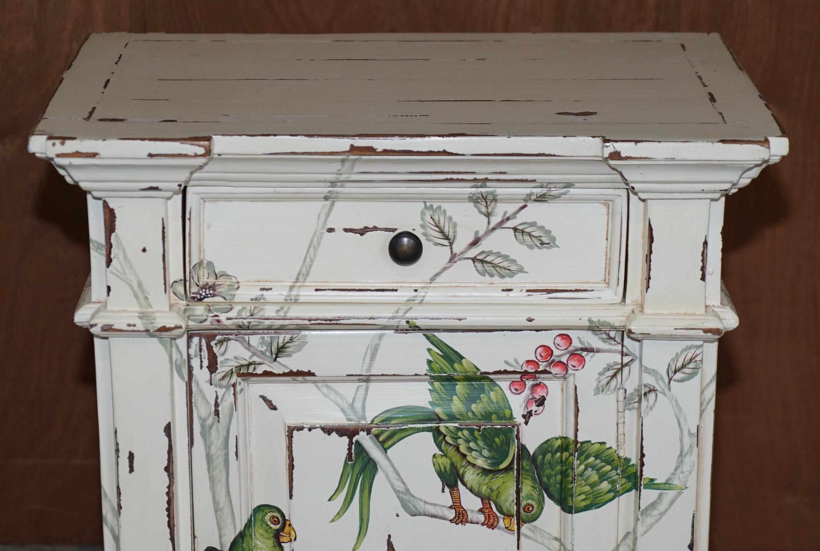 English Pair of Hand Painted Parrots / Birds of Parradise Side End Table Bedside Drawers For Sale