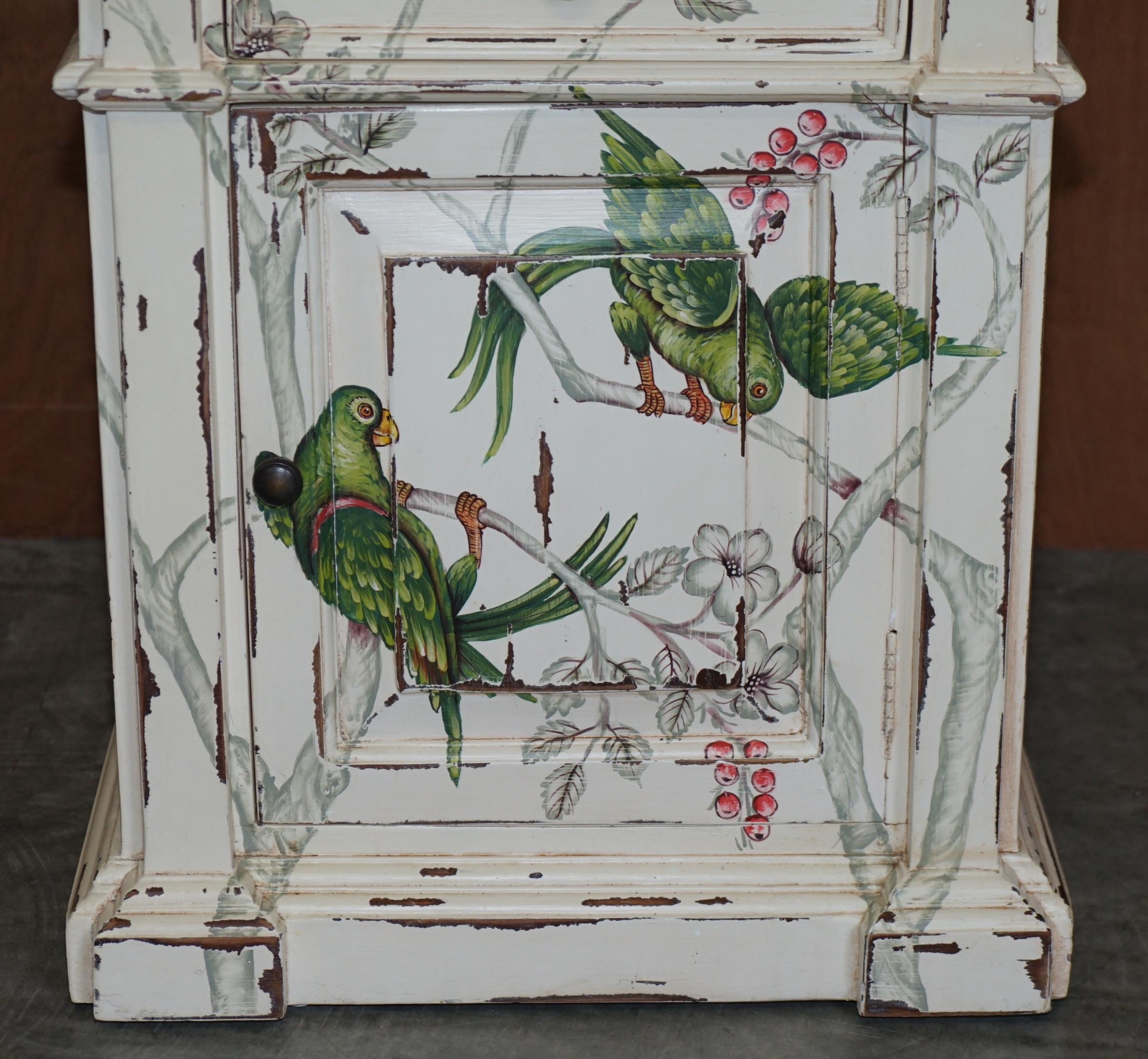 Hand-Painted Pair of Hand Painted Parrots / Birds of Parradise Side End Table Bedside Drawers For Sale