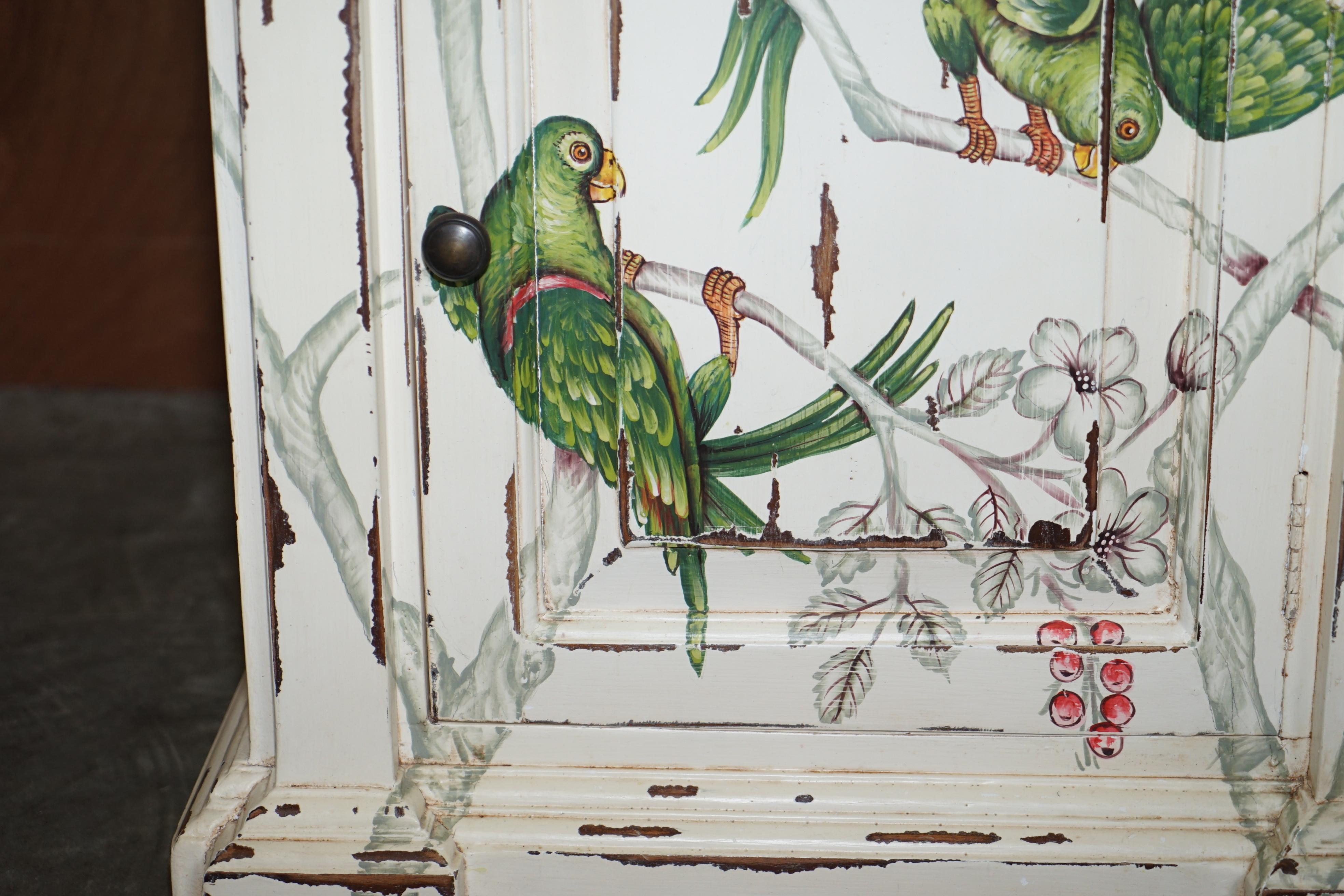 Hardwood Pair of Hand Painted Parrots / Birds of Parradise Side End Table Bedside Drawers For Sale