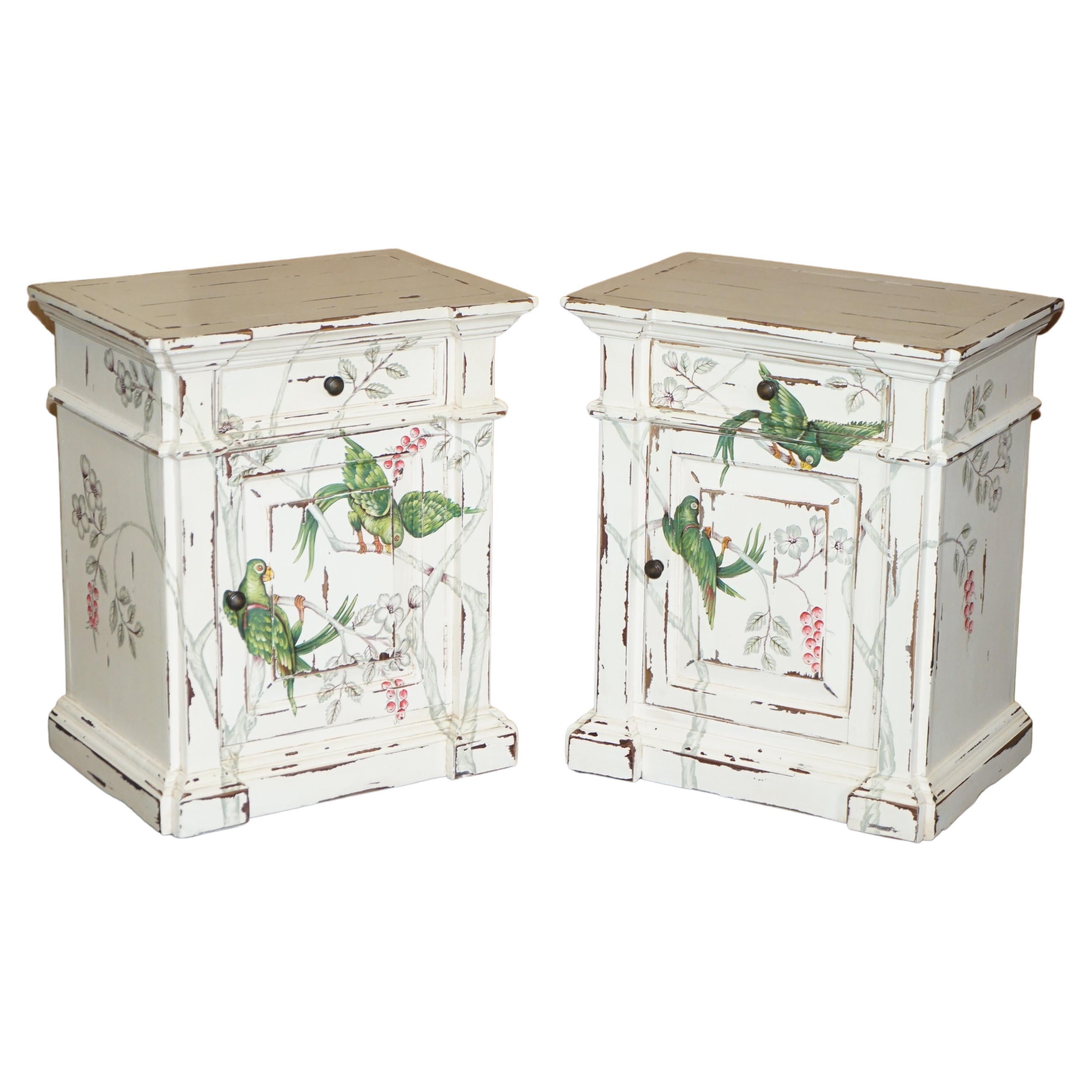 Pair of Hand Painted Parrots / Birds of Parradise Side End Table Bedside Drawers