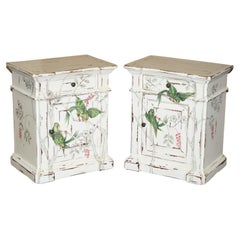 Used Pair of Hand Painted Parrots / Birds of Parradise Side End Table Bedside Drawers