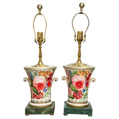 Vintage Pair of Hand Painted Porcelain Floral Lamps