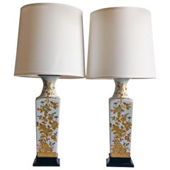 Pair of Hand-Painted Porcelain Lamps with Yellow Flowers