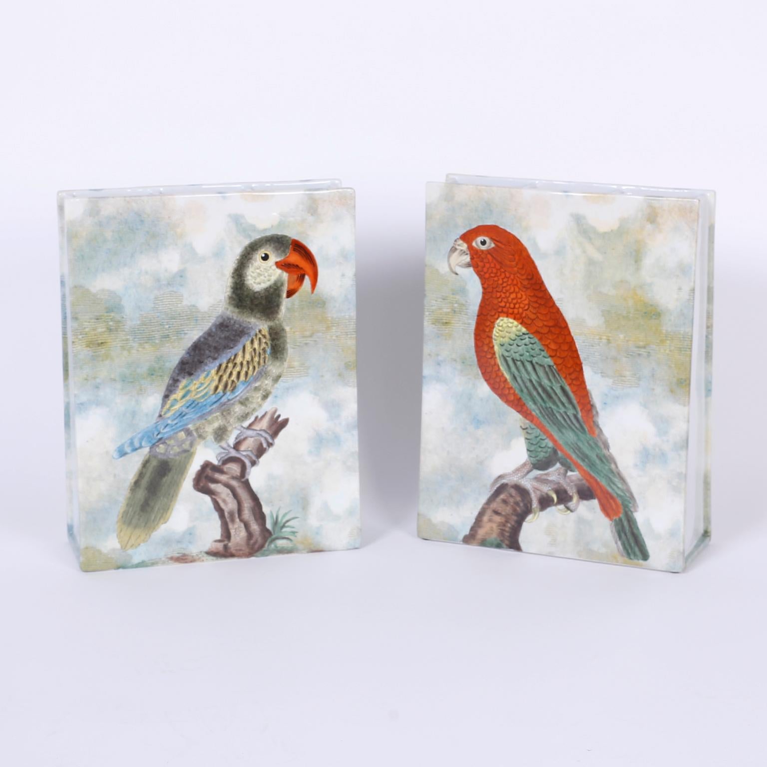 British Colonial Pair of Hand Painted Porcelain Parrot Vases For Sale