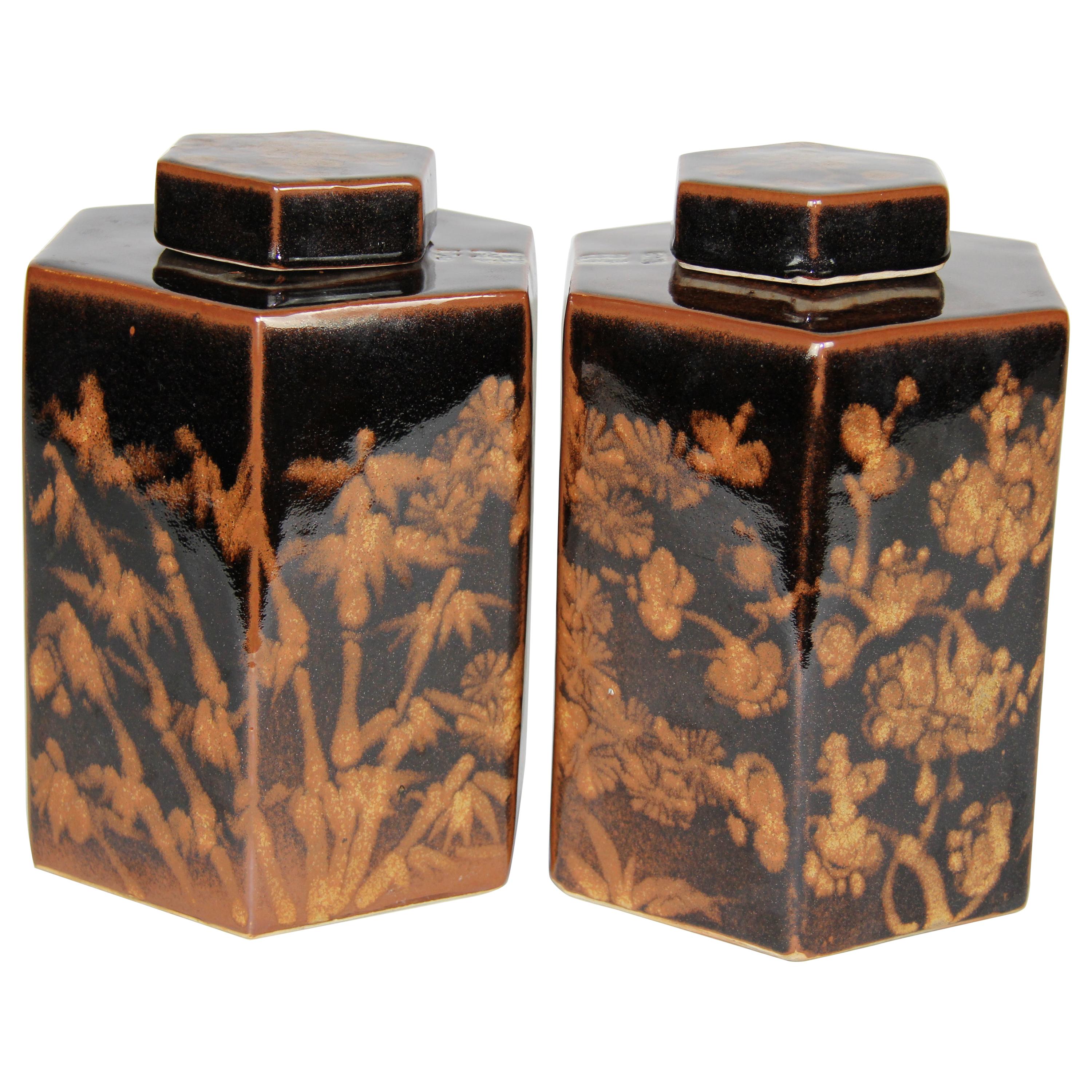 Pair of Hand Painted Porcelain Tea Caddies with Floral and Bamboo Motifs