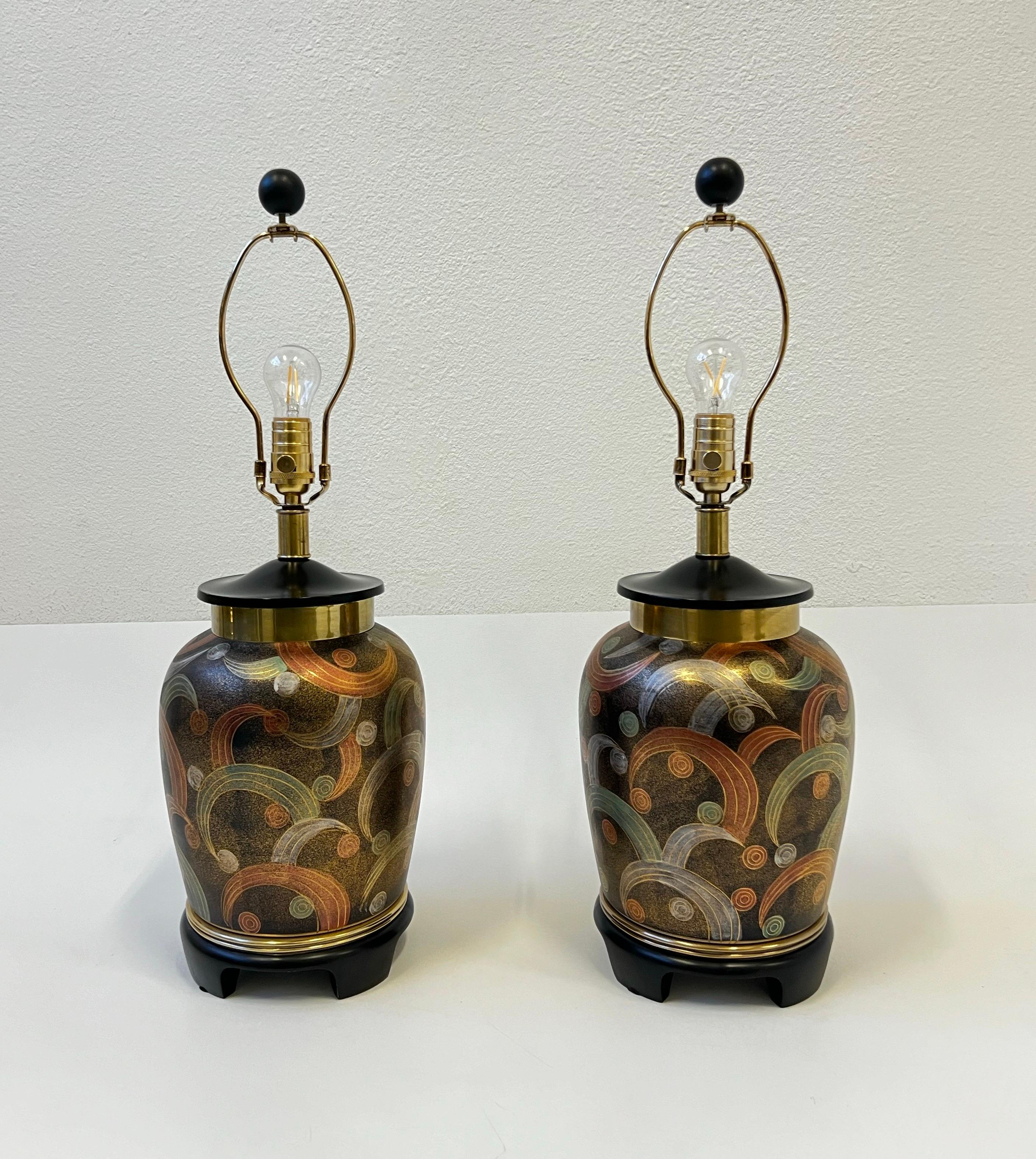 Modern Pair of Hand Painted Porcelain Urn Lamps by Frederick Cooper For Sale