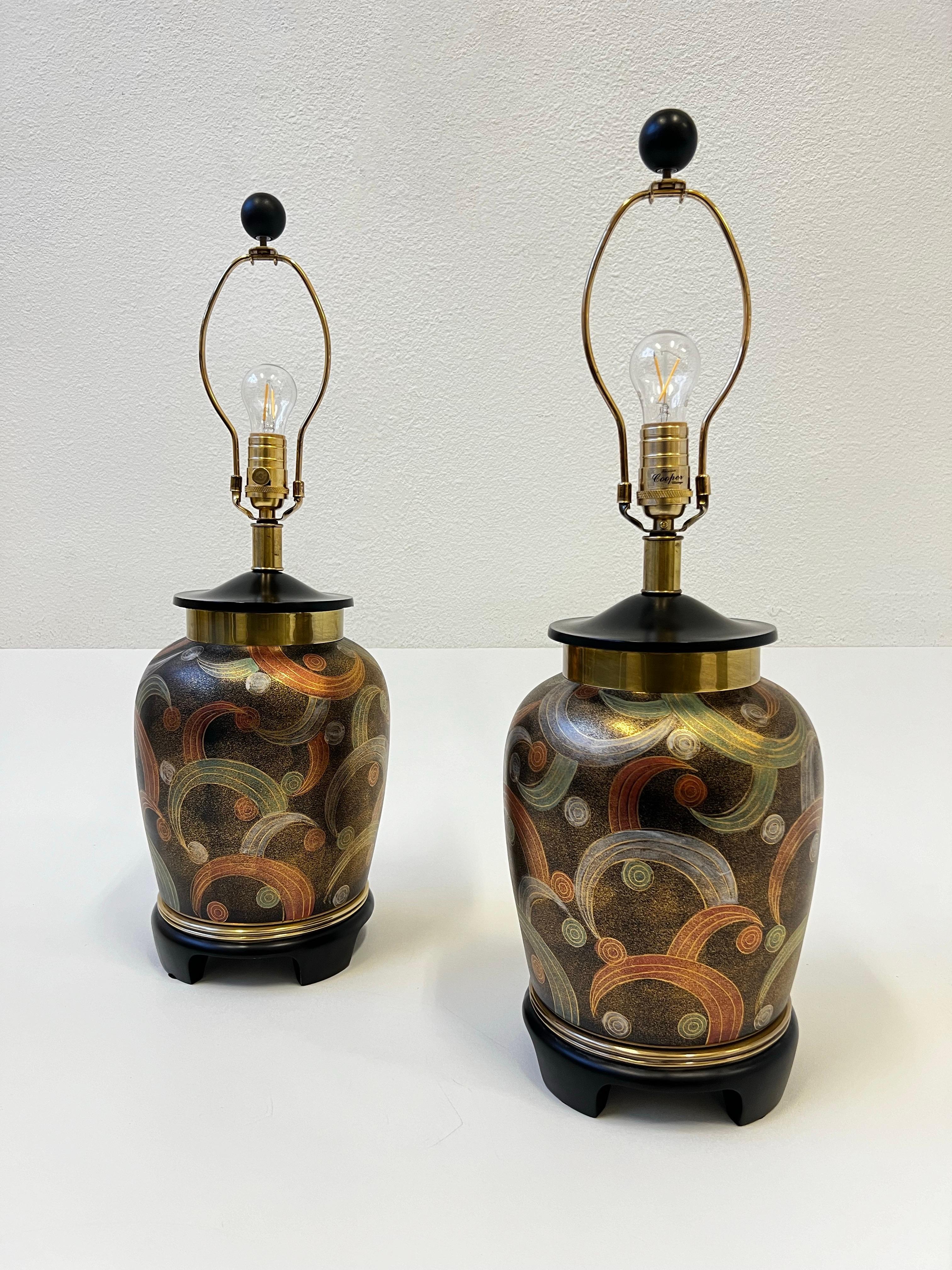 American Pair of Hand Painted Porcelain Urn Lamps by Frederick Cooper For Sale