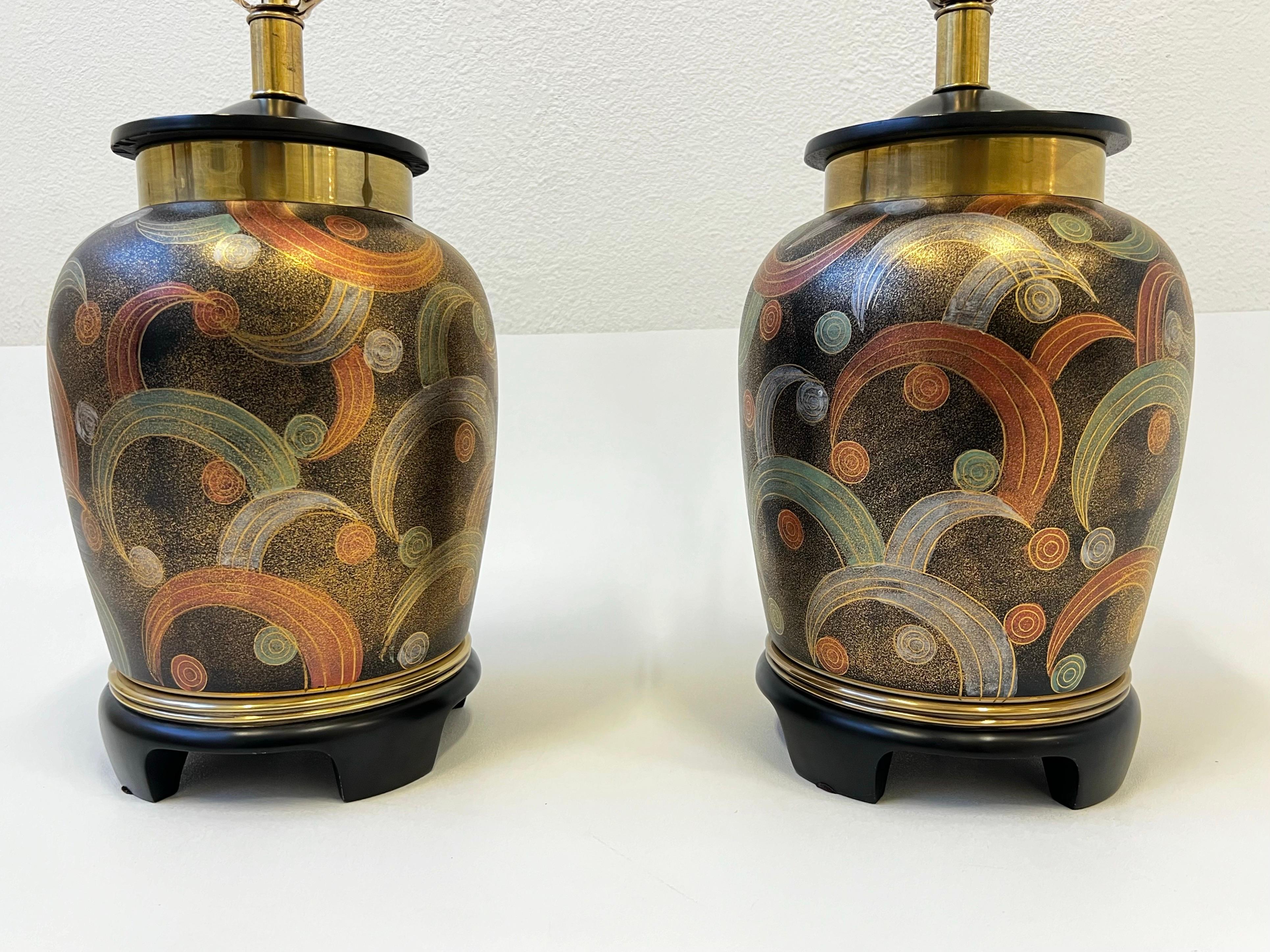 Hand-Painted Pair of Hand Painted Porcelain Urn Lamps by Frederick Cooper For Sale