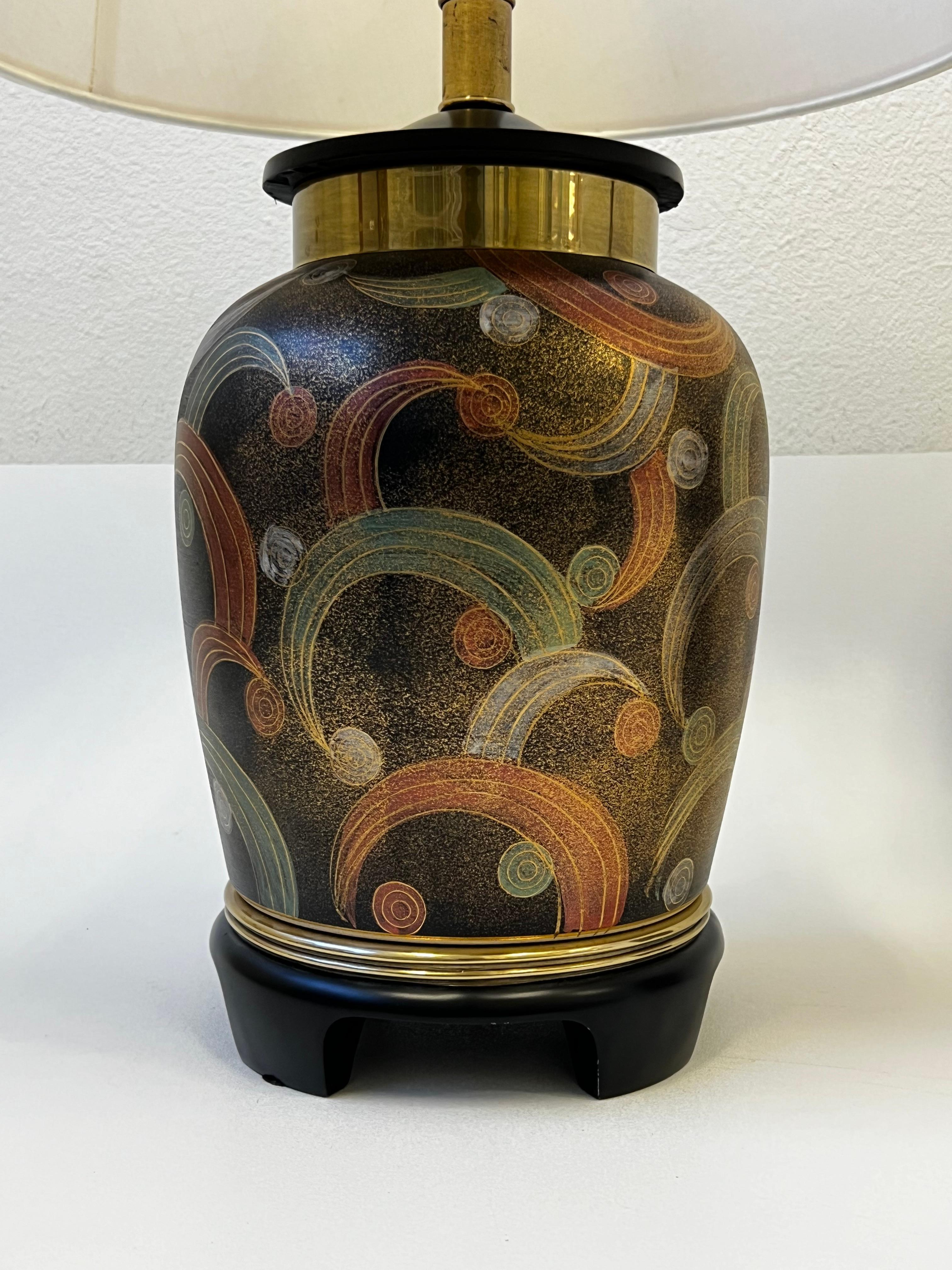 Pair of Hand Painted Porcelain Urn Lamps by Frederick Cooper In Good Condition For Sale In Palm Springs, CA