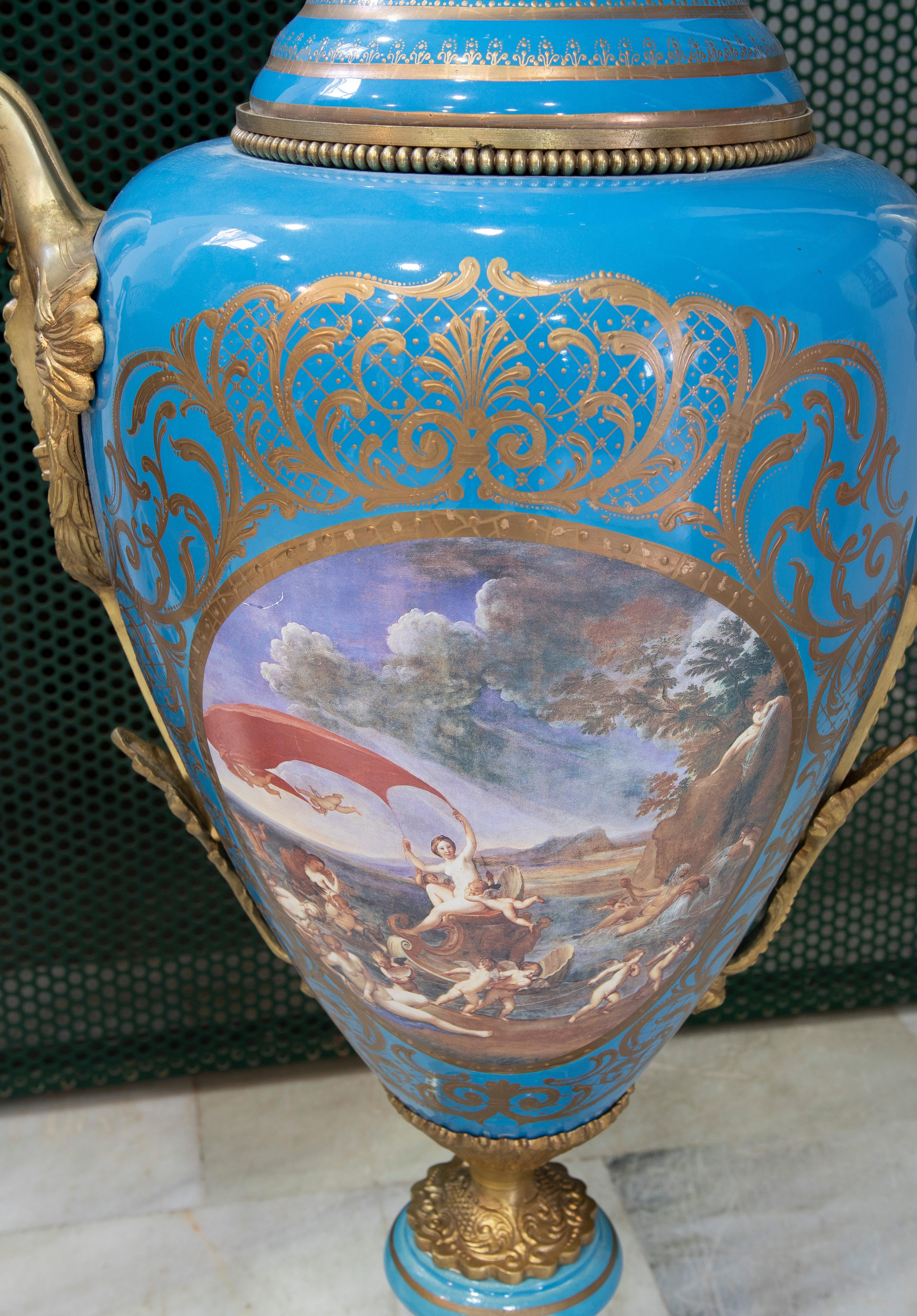 Pair of Hand-Painted Porcelain Vases with Bronze Handles For Sale 3