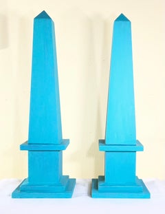 Pair of Hand-Painted Solid Wood Decorative Obelisks – Vibrant Turquoise Color