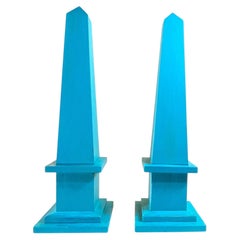 Pair of Hand-Painted Solid Wood Decorative Obelisks – Vibrant Turquoise Color