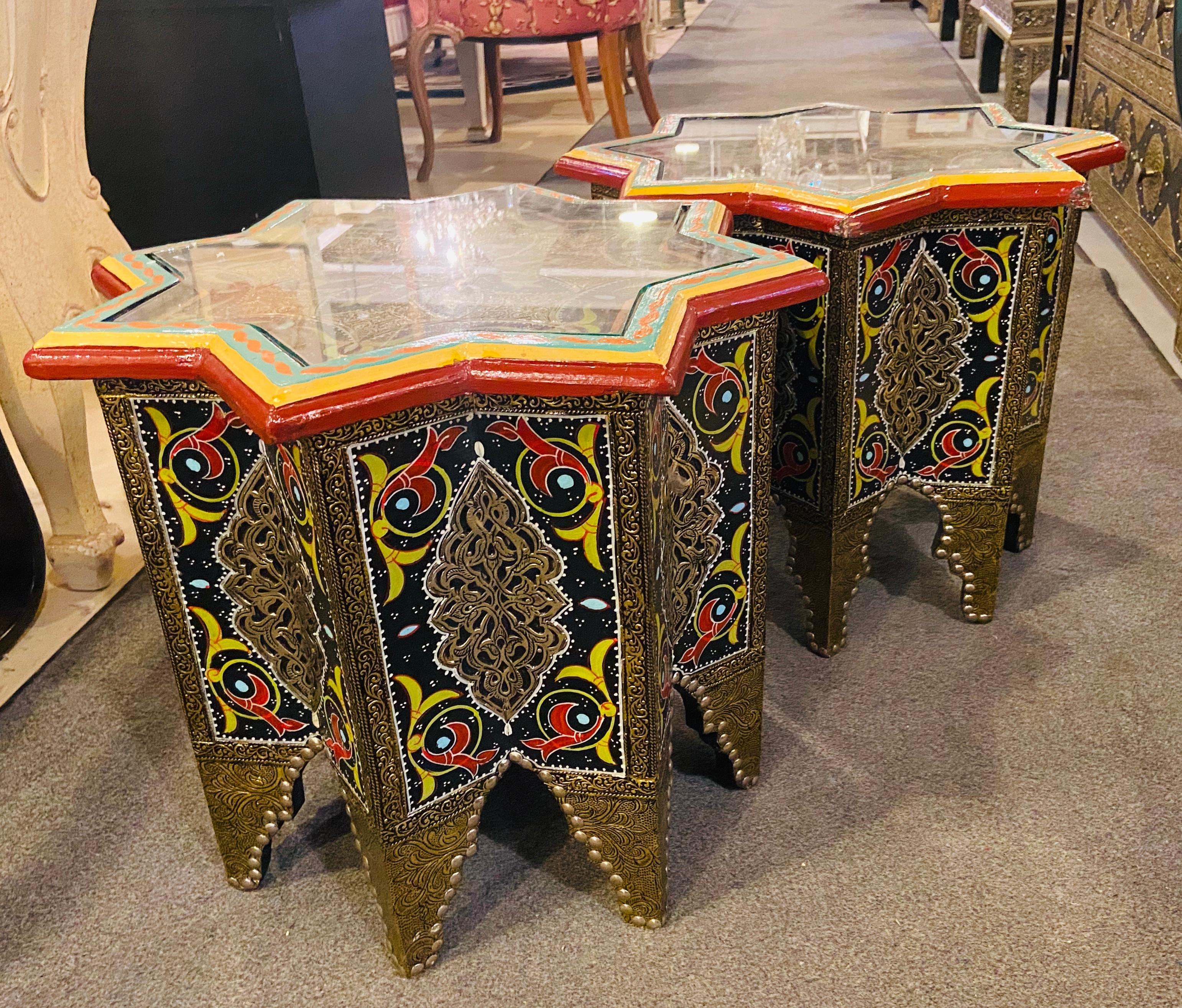 Pair of Hand Painted Star Shaped Black Brass Inlaid Moorish Side Tables 5