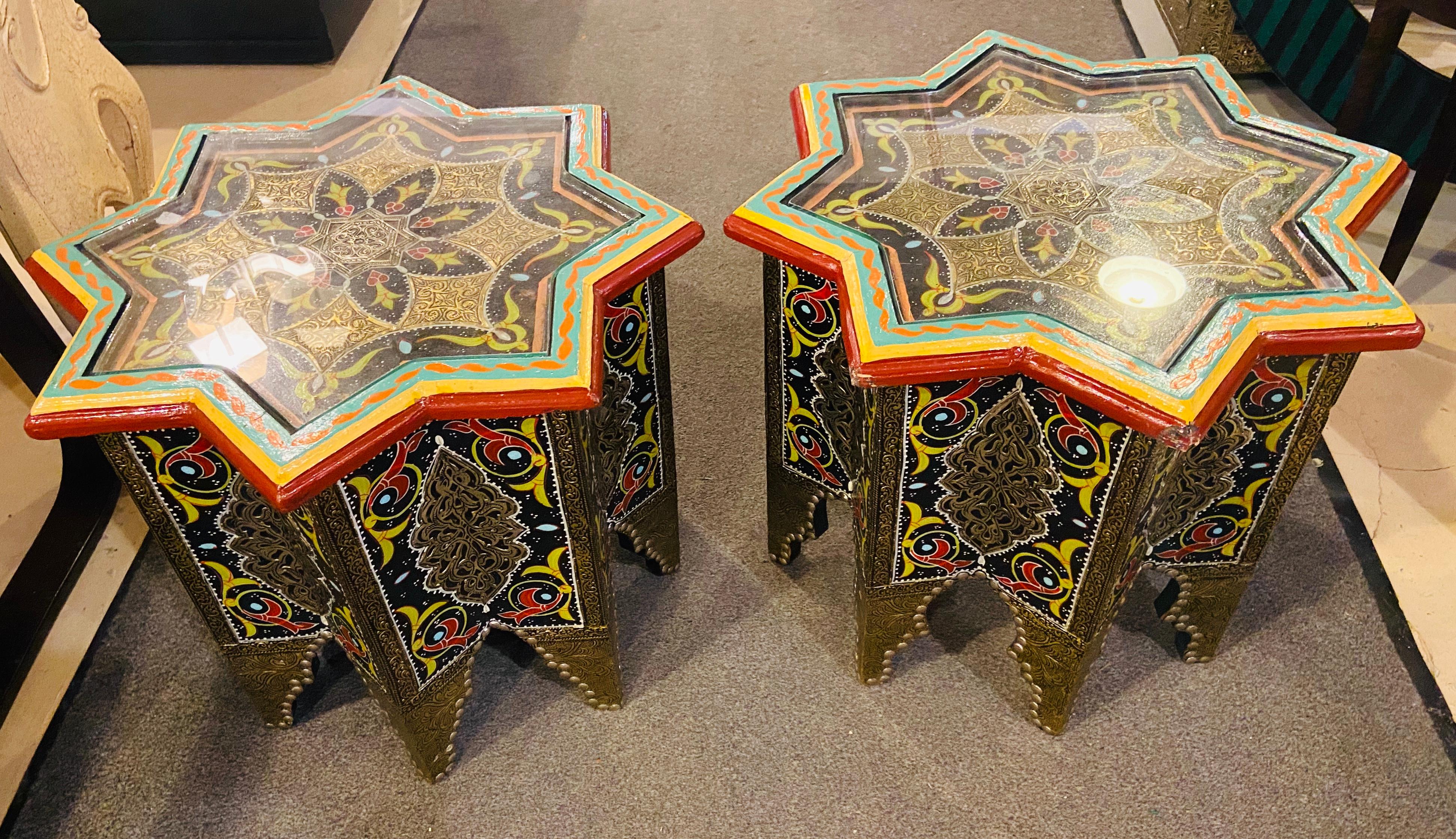 Pair of Hand Painted Star Shaped Black Brass Inlaid Moorish Side Tables 6
