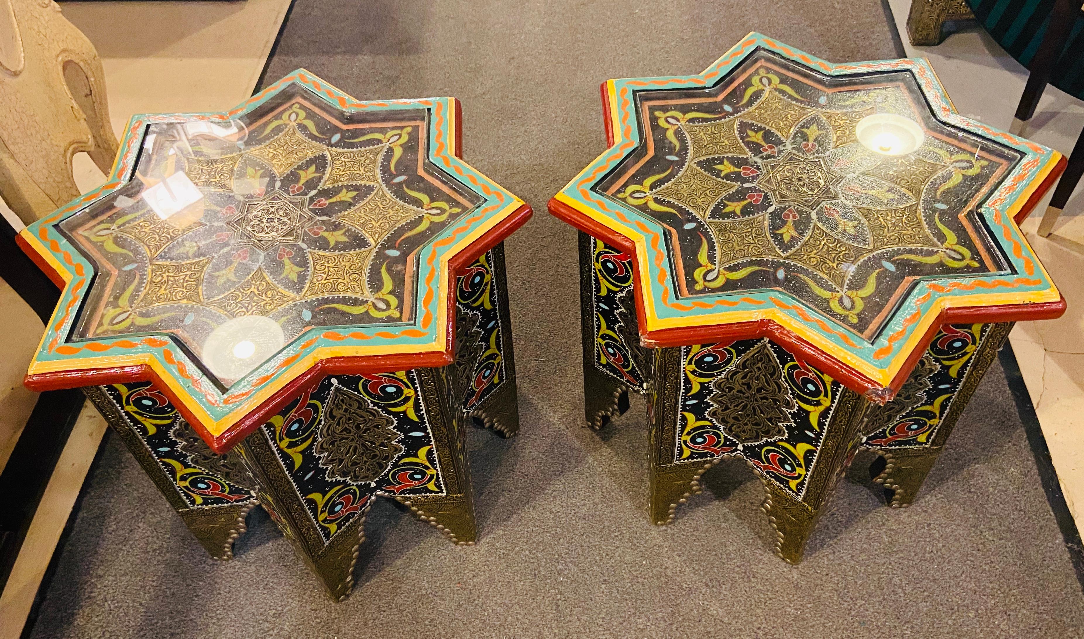 Pair of Hand Painted Star Shaped Black Brass Inlaid Moorish Side Tables 7