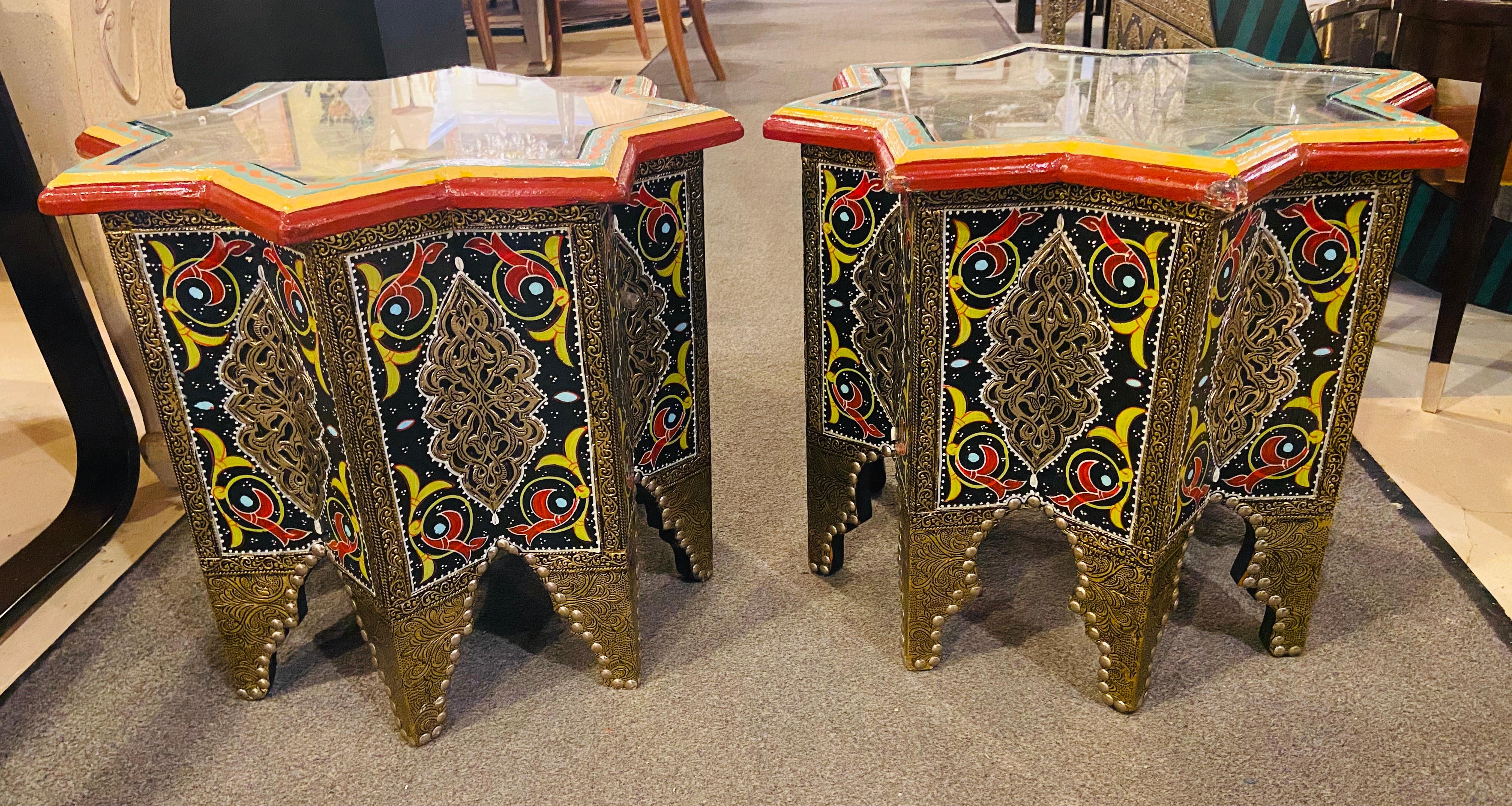 Pair of Hand Painted Star Shaped Black Brass Inlaid Moorish Side Tables 8