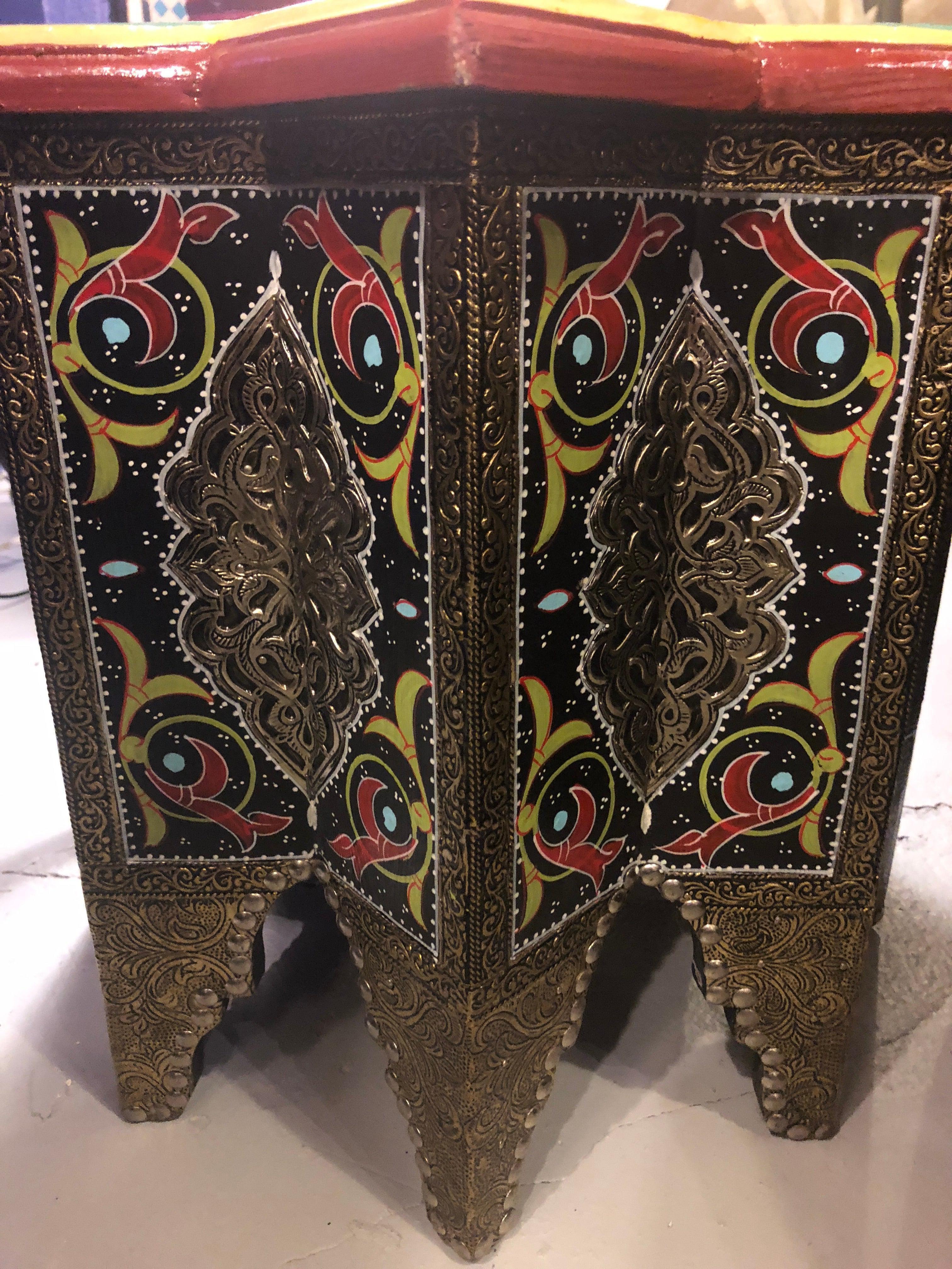 Pair of Hand Painted Star Shaped Black Brass Inlaid Moorish Side Tables 2