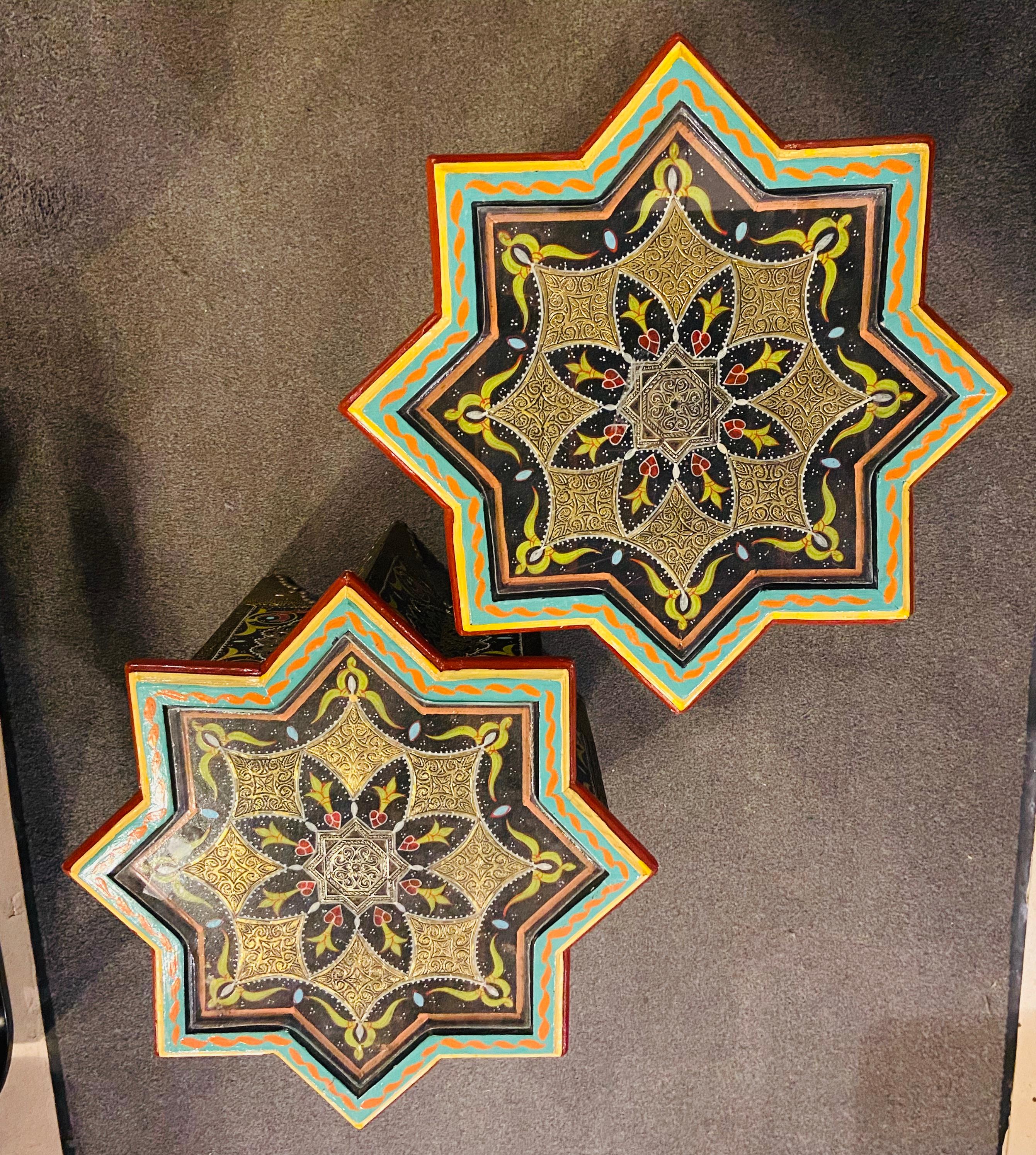 Pair of Hand Painted Star Shaped Black Brass Inlaid Moorish Side Tables 4