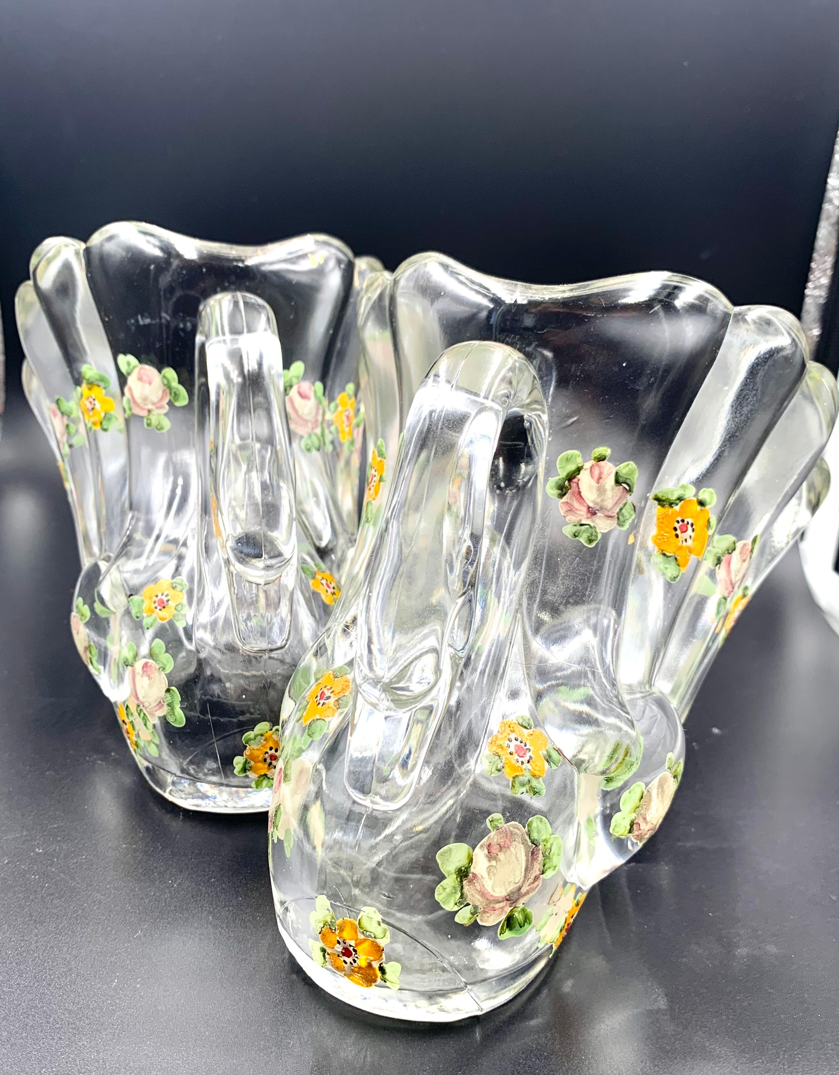Pair of Hand Painted Swan Depression Glass Vases Planters Bread Serving Baskets For Sale 6